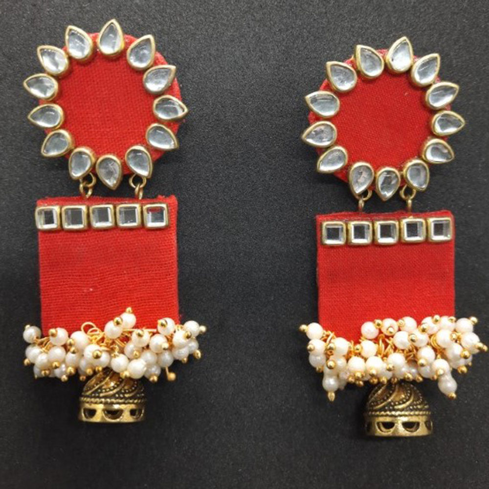Handmade For Her Women's Handmade Red Wooden Earring With Kundan And Beads