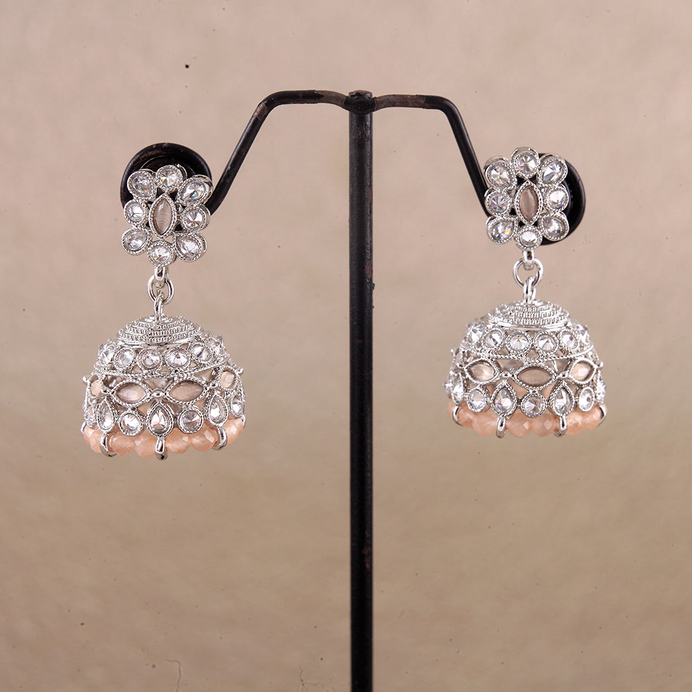 Saloni Fashion Jewellery Beautiful Pear and Flower Shape Grey Uncut Kundan Stone Silver Plated Jhumki Earring For Women and Girls