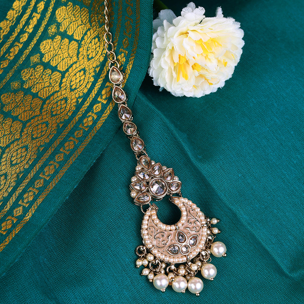 Saloni Fashion Jewellery Traditional Oval and Chandelier Shape Silver Gold Plated Set of 2 Combo Maang Tikka For Women