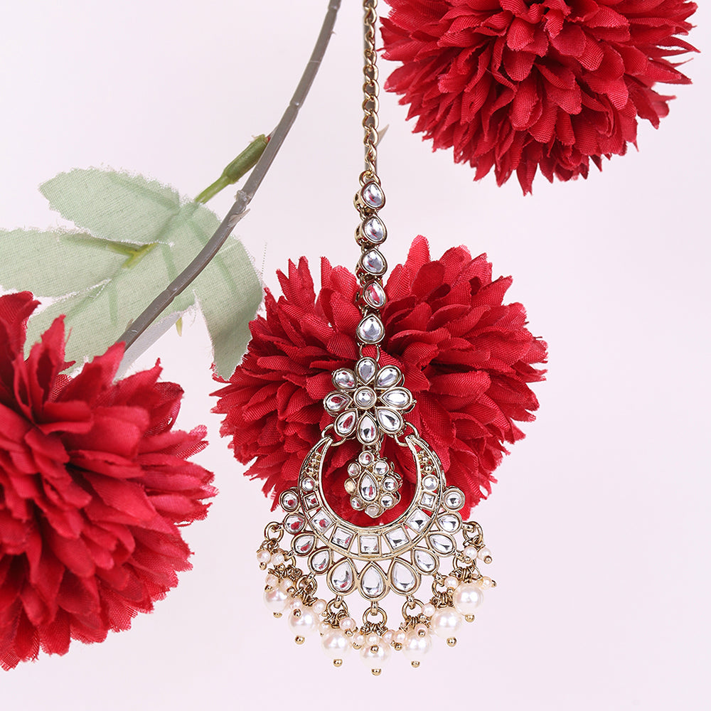 Saloni Fashion Jewellery Traditional Chandelier and Flower Shape Silver Gold Plated Set of 2 Combo Maang Tikka For Women