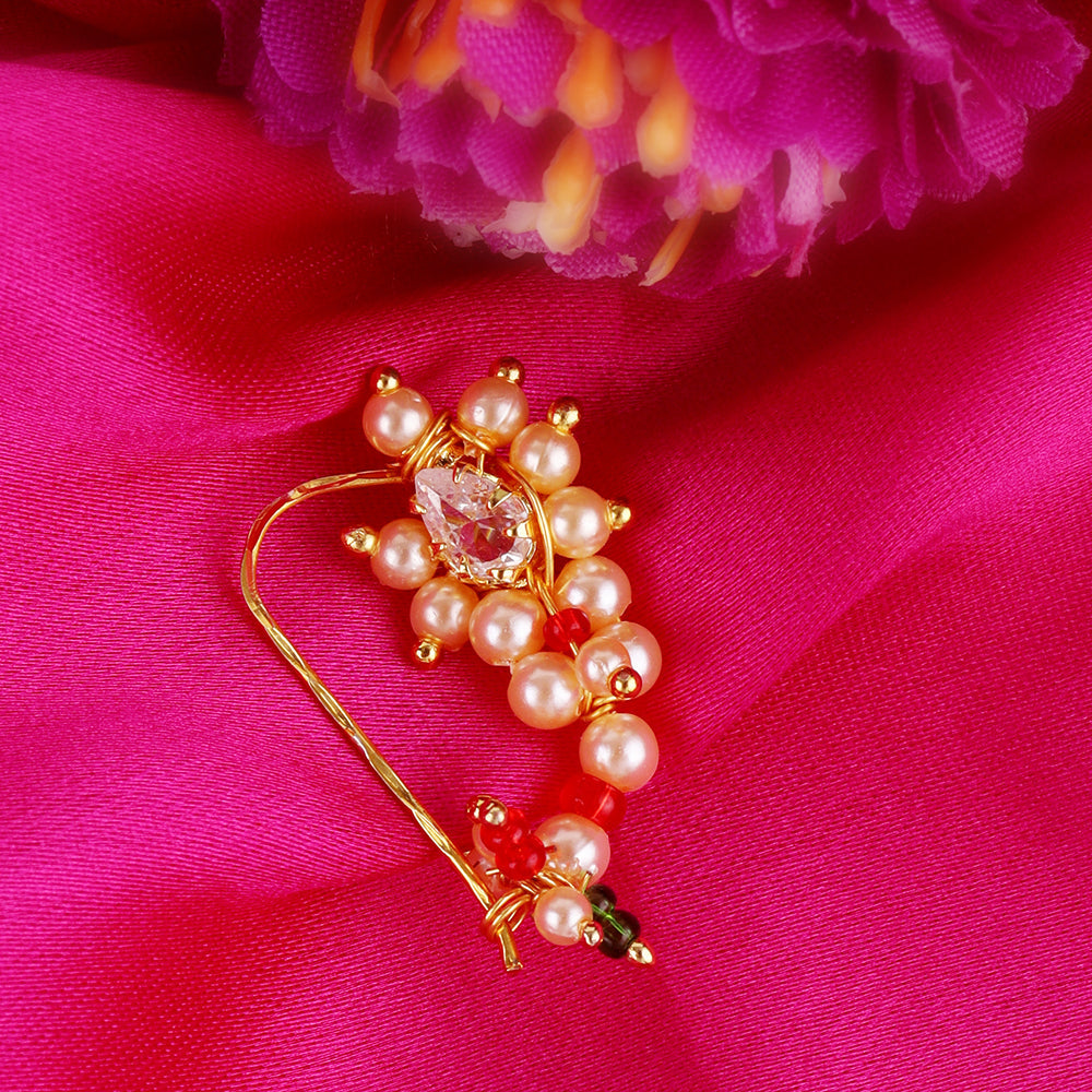 Saloni Fashion Jewellery Traditional Beautiful Oval Shape Gold Plated Combo Set of 2 Maharashtrian Nosepin / Nath Without Piercing For Women and Girls