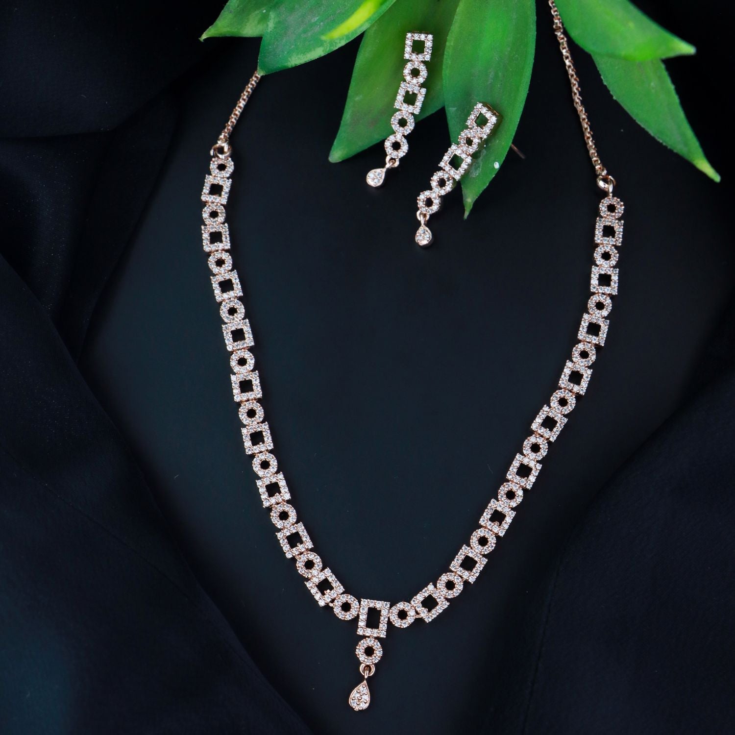 Etnico Rose Gold Plated Cubic Zirconia American Diamond CZ Special Chain Necklace With Earrings Set for Women