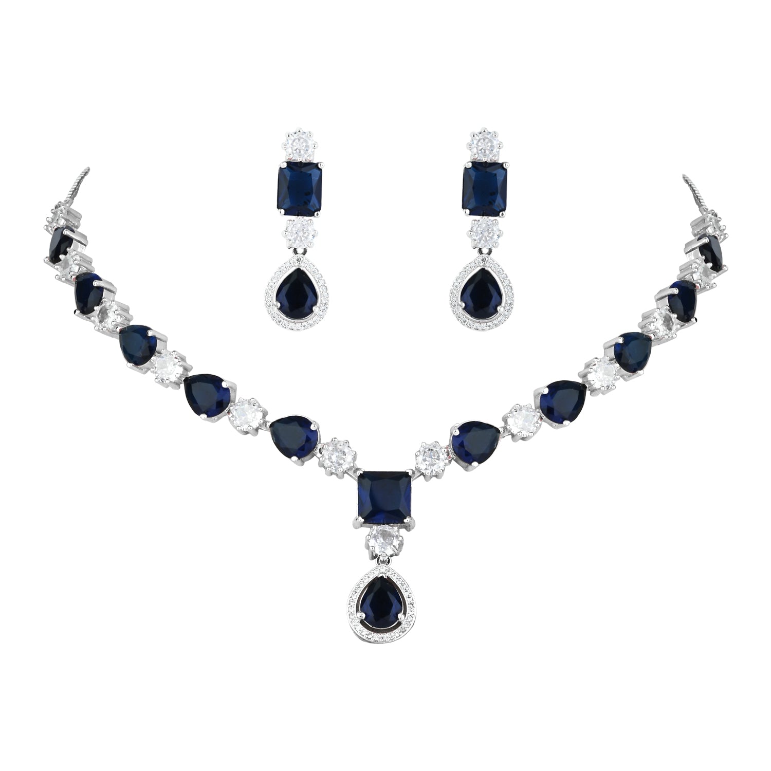 Etnico Silver Plated Cubic Zirconia American Diamond Special Necklace & Drop Earrings Jewellery Set for Women