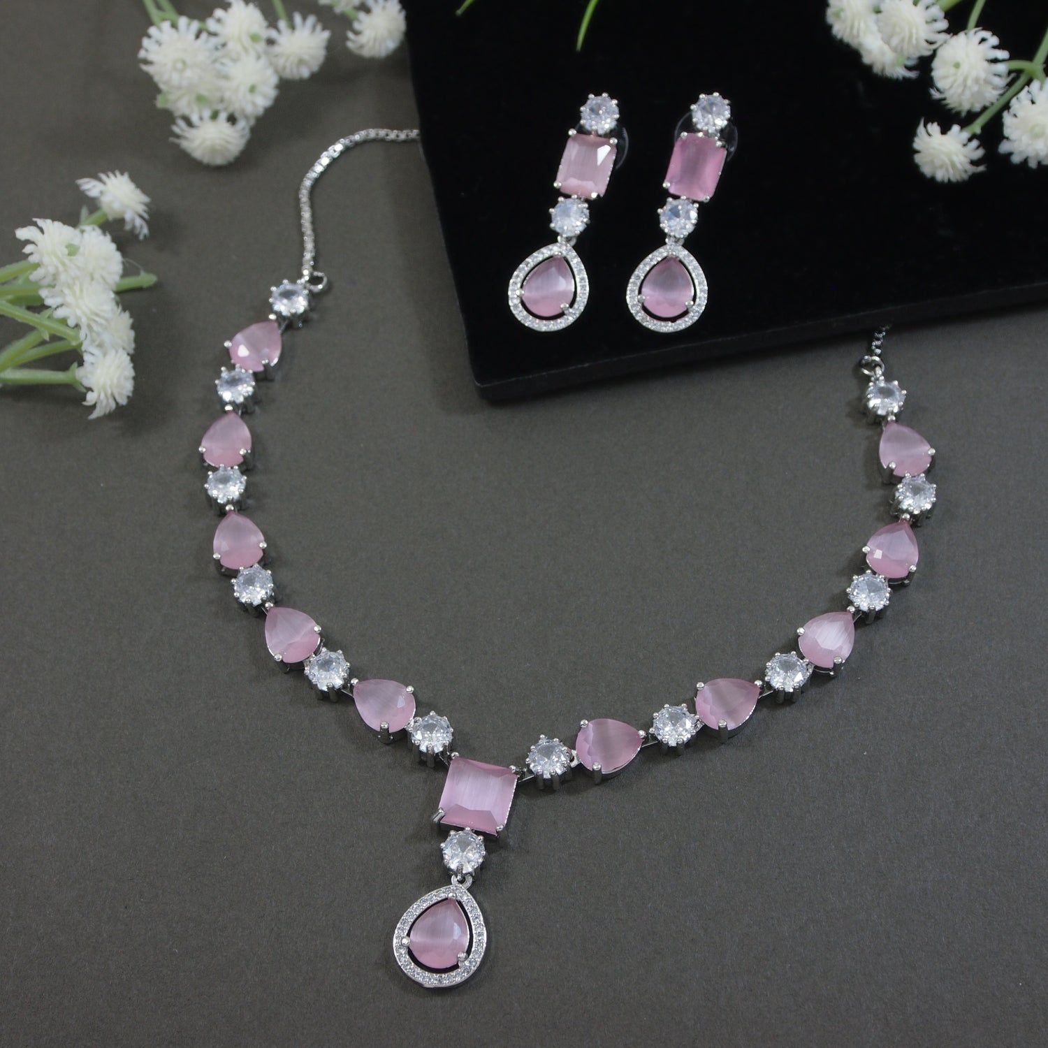 Etnico Silver Plated Cubic Zirconia American Diamond Special Necklace & Drop Earrings Jewellery Set for Women