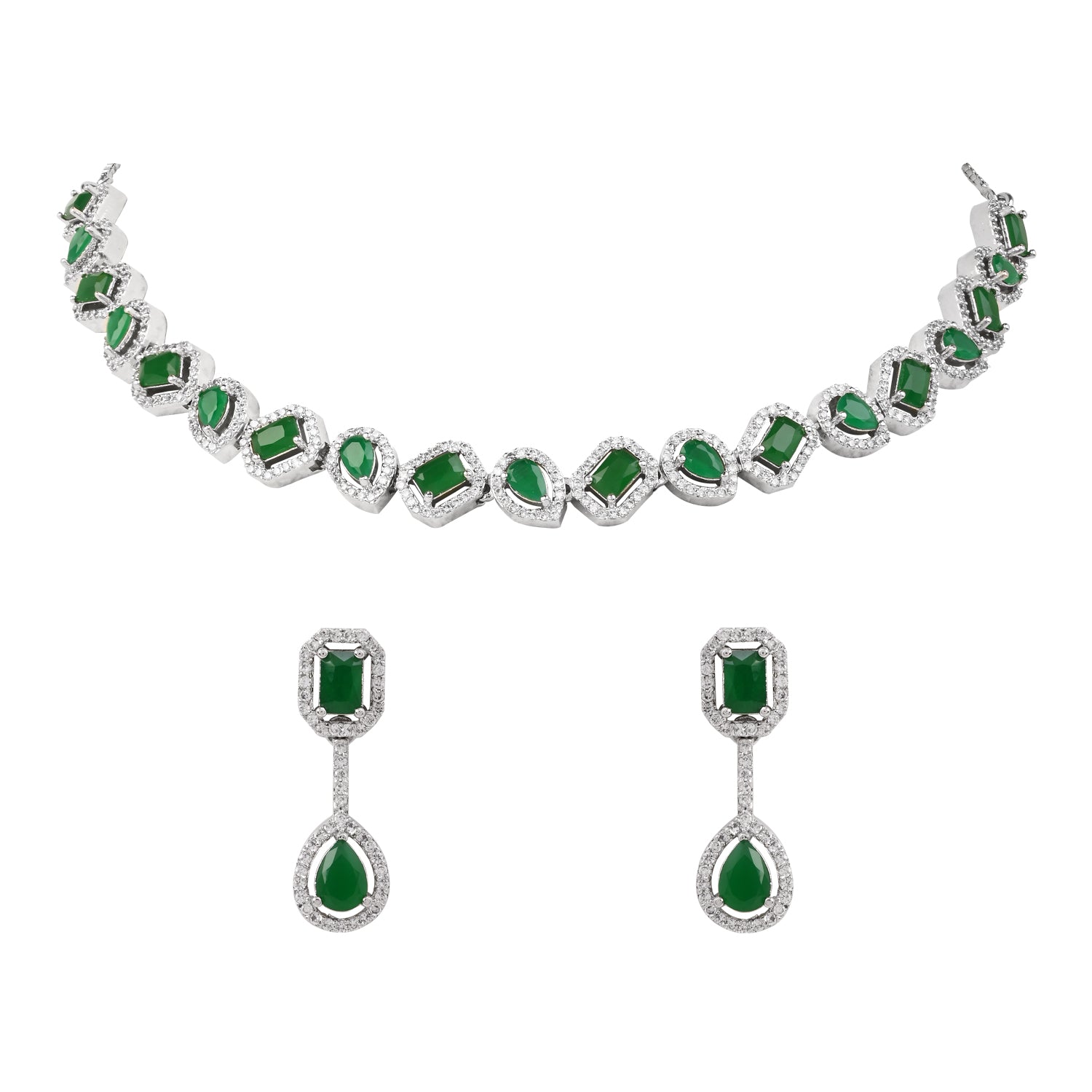Etnico Silver Plated Cubic Zirconia American Diamond Necklace & Earrings Jewellery Set for Women