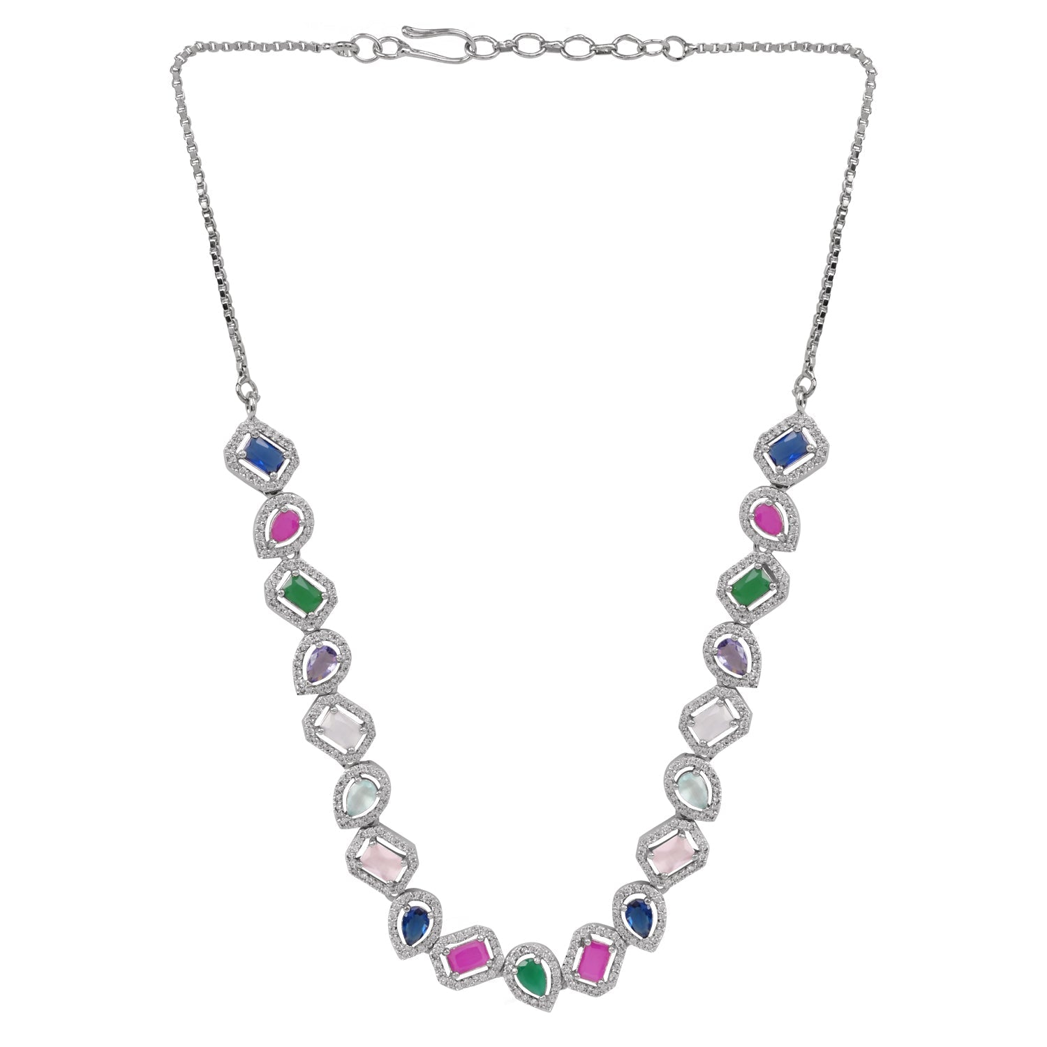 Etnico Silver Plated Cubic Zirconia American Diamond Necklace & Earrings Jewellery Set for Women