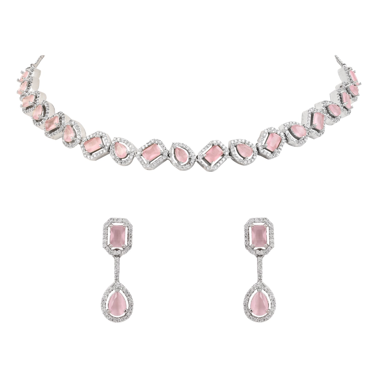Etnico Silver Plated Cubic Zirconia American Diamond Necklace & Earrings Jewellery Set for Women