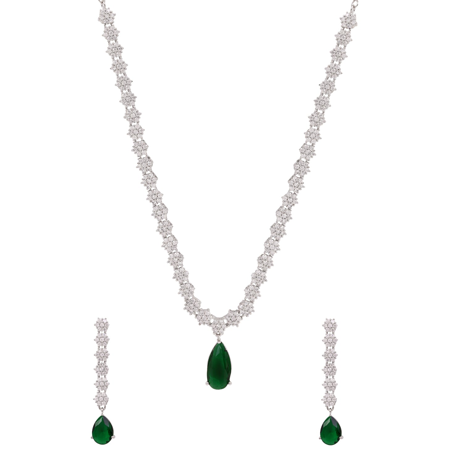 Etnico Silver Plated Cubic Zirconia American Diamond Necklace & Earrings Jewellery Set for Women