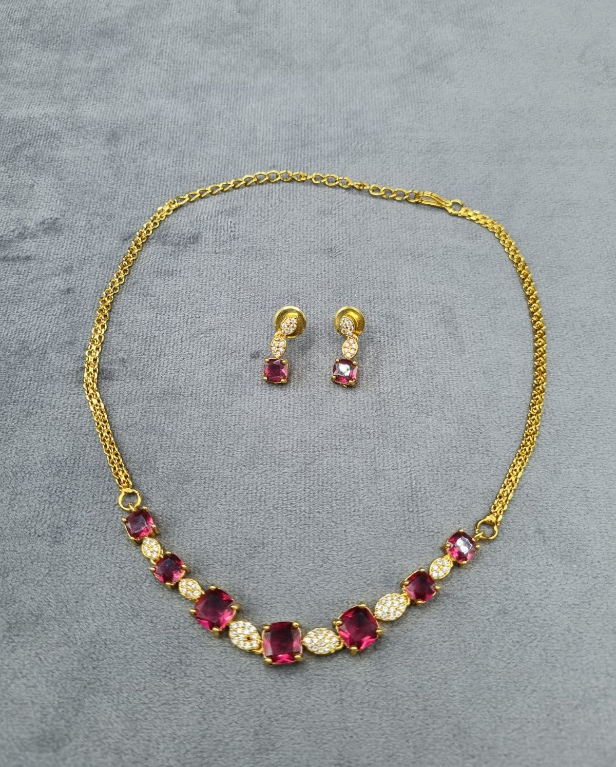 LAFZ Ruby Red AD Square Stone Necklace Earrings