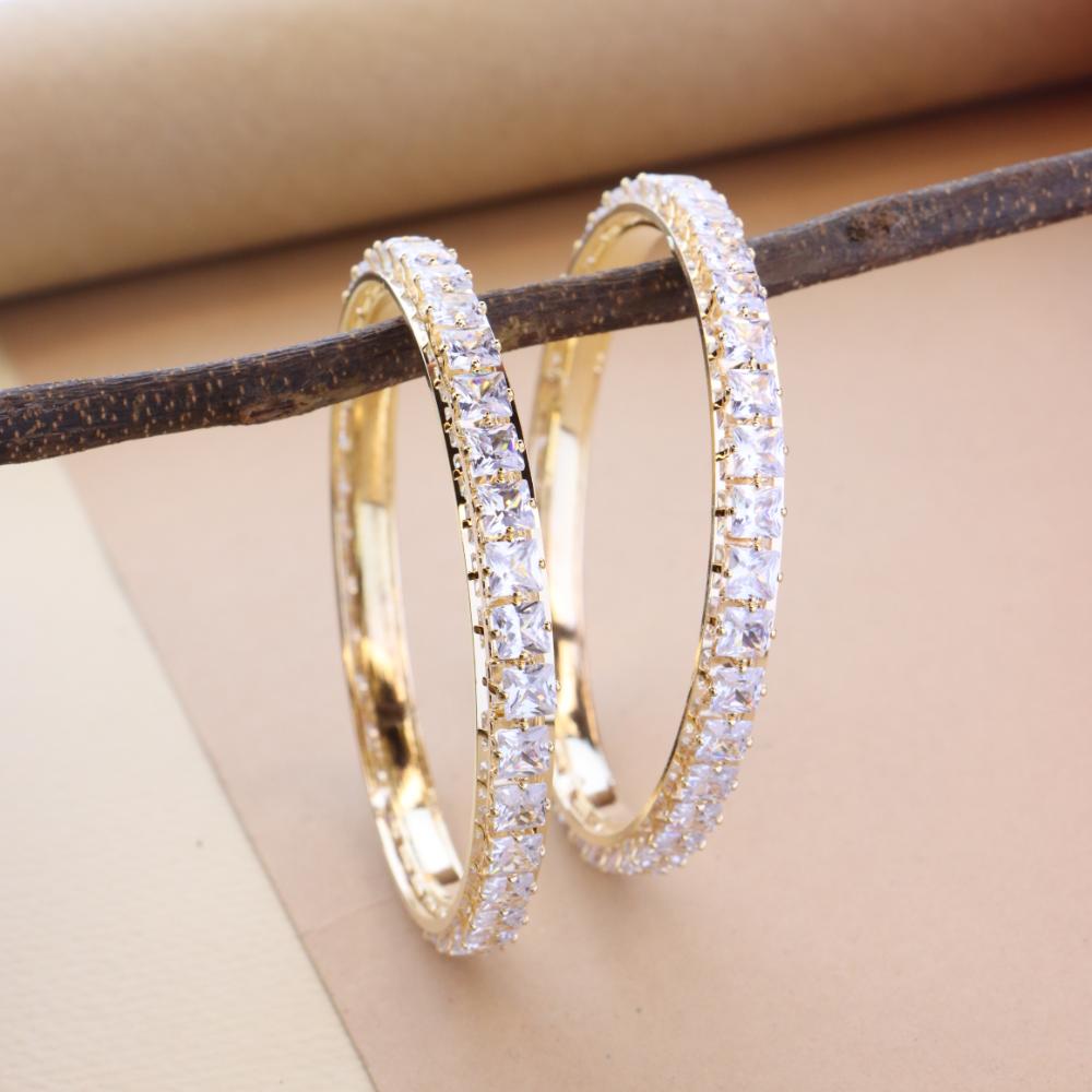 Etnico Gold Plated Thick Brass Bangles Encased With CZ American Diamonds For Women/Girls (ADB458W) (Set of 2)