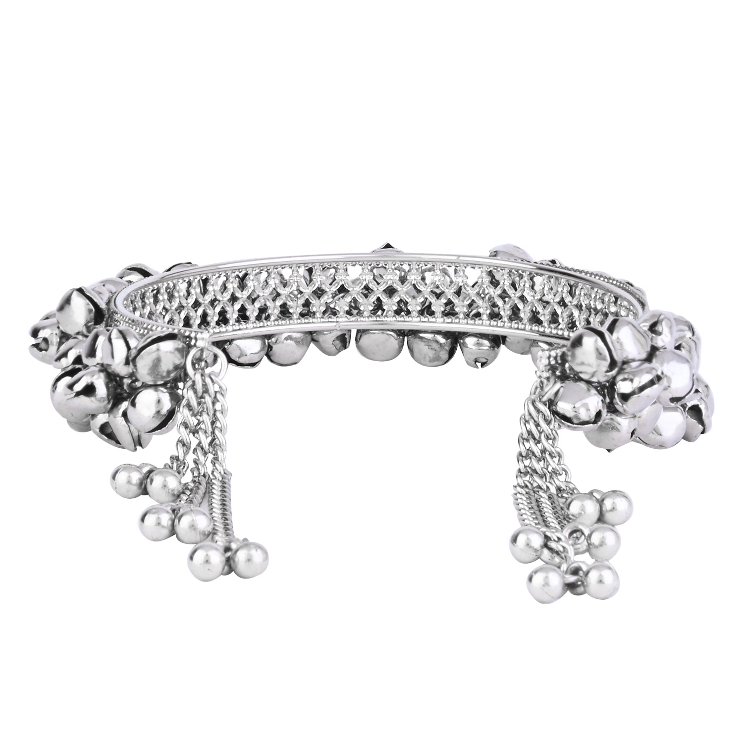Etnico Navratri Ethnic Silver Oxidised Afghani Boho Cowrie Shell Adjustable Cuff Kada Bracelet For Women