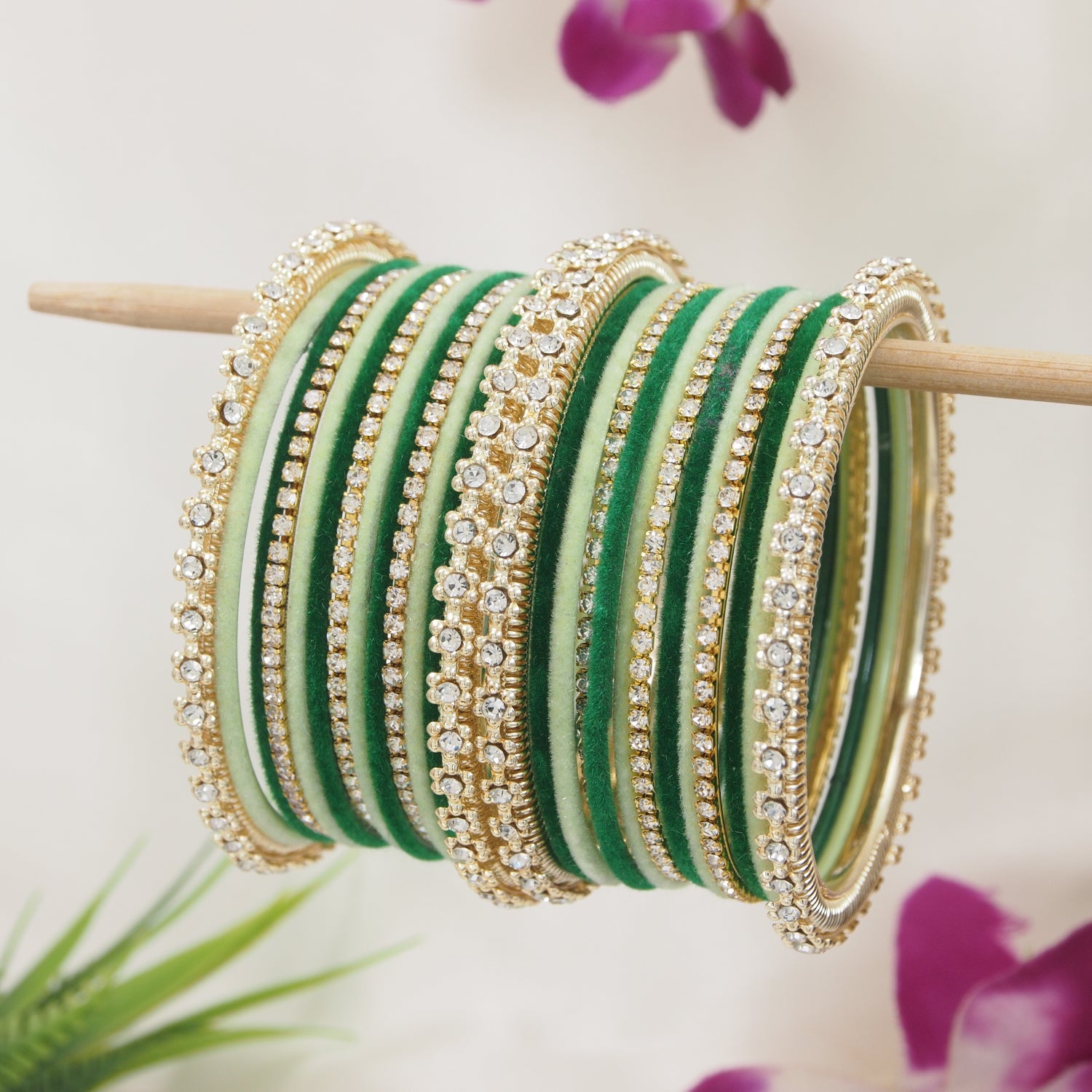 Etnico Gold Plated Traditional Handcrafted Velvet & Stone Work Bangle Chuda Set for Women/Bridal