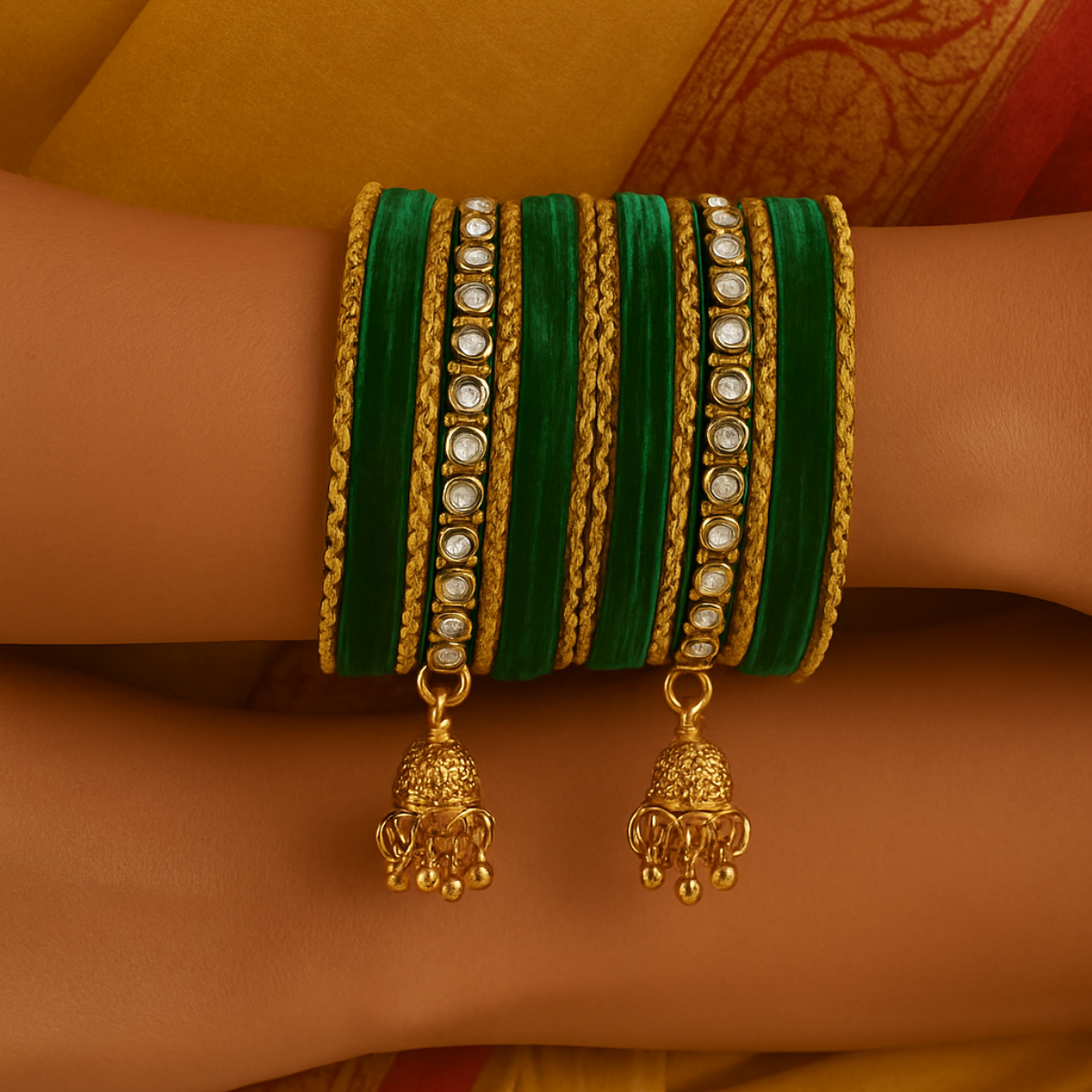 Etnico Gold Plated Traditional Handcrafted Latkan Detailing Velvet Chuda Bangle Set for Bridal/Women