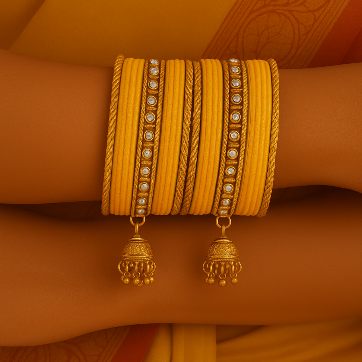 Etnico Gold Plated Traditional Handcrafted Latkan Detailing Velvet Chuda Bangle Set for Bridal/Women
