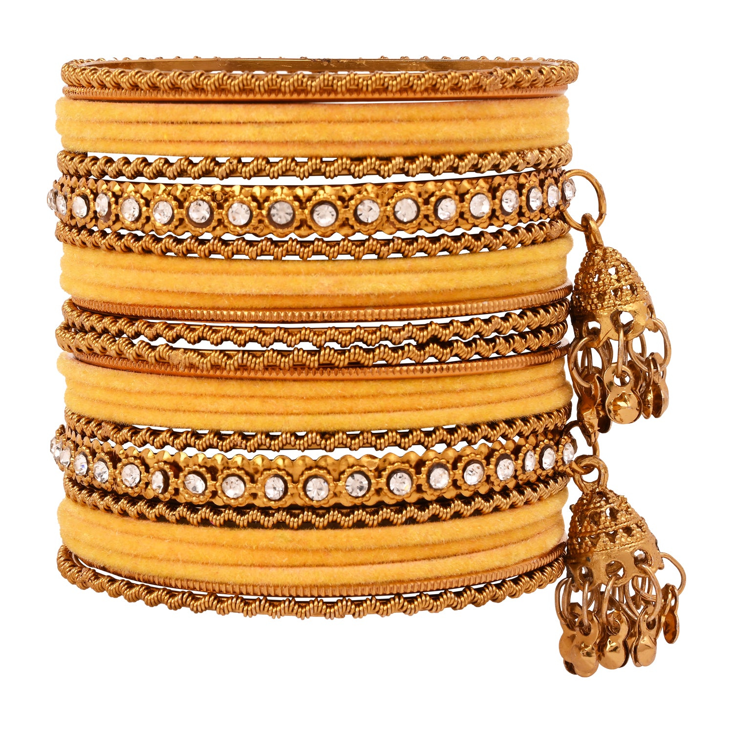 Etnico Gold Plated Traditional Handcrafted Latkan Detailing Velvet Chuda Bangle Set for Bridal/Women