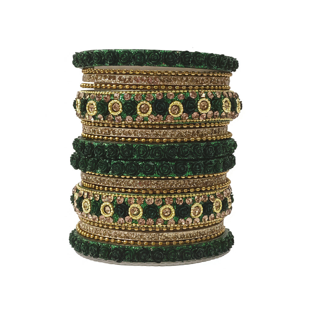 Etnico Gold Plated Traditional Floral Embellished Work Bangles Chuda Bangle Set for Bridal/Women (Green, )