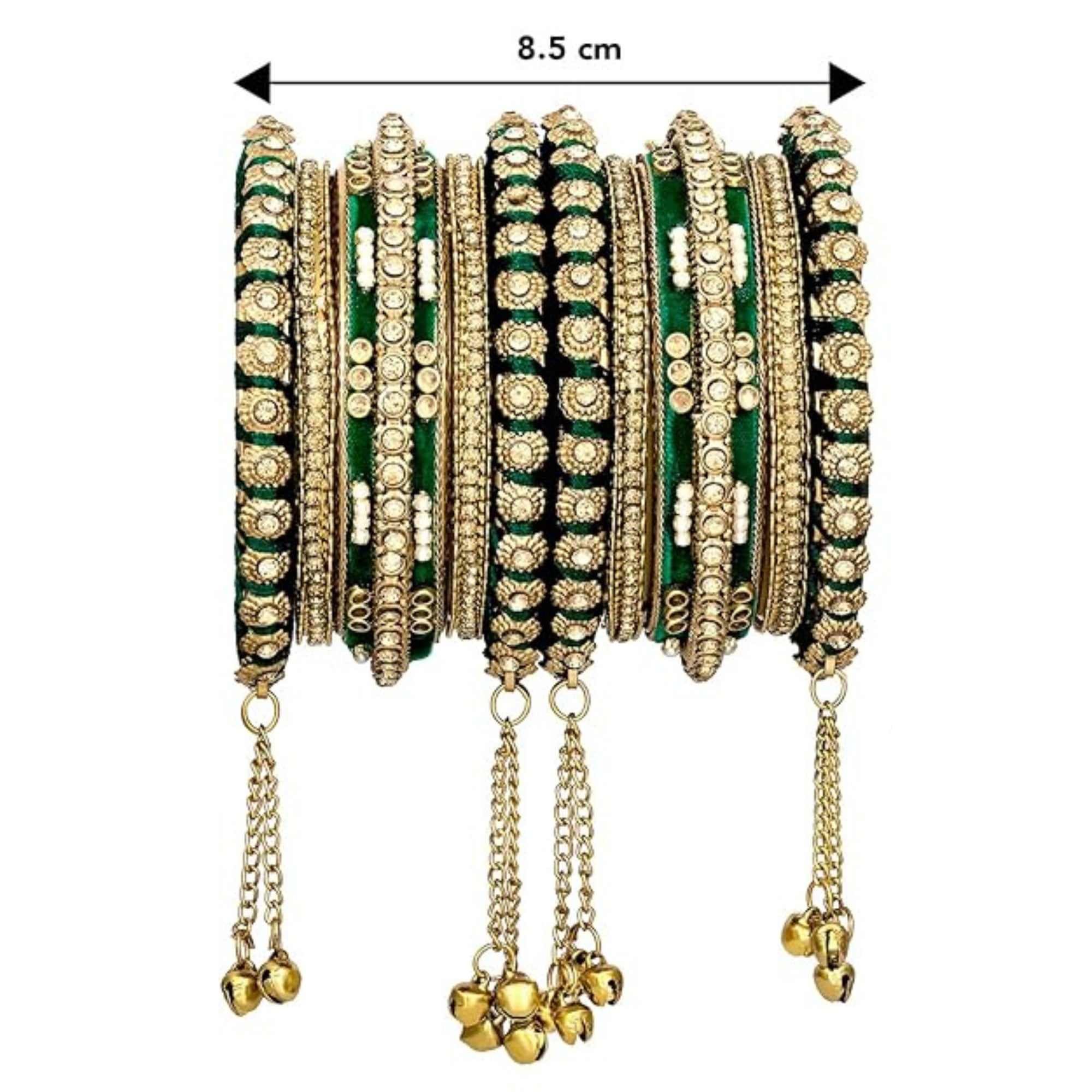 Etnico Gold Plated Traditional Velvet Embellished Work & Ghungroo Latkan Detailing Bangles Chuda Bangle Set for Bridal/Women