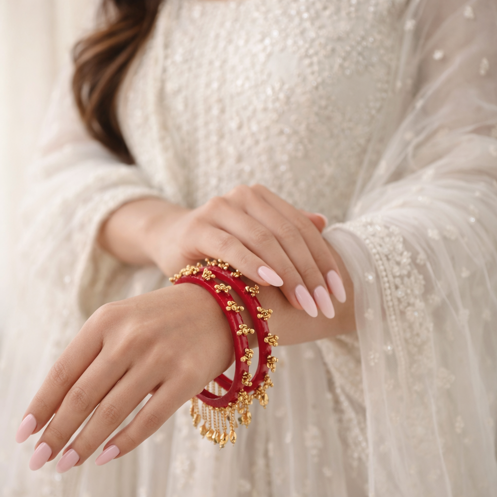Etnico Traditional Red Bangles with Brass Stud Detailing and Hanging Ghungroo Charms for Women (ADB595Re)
