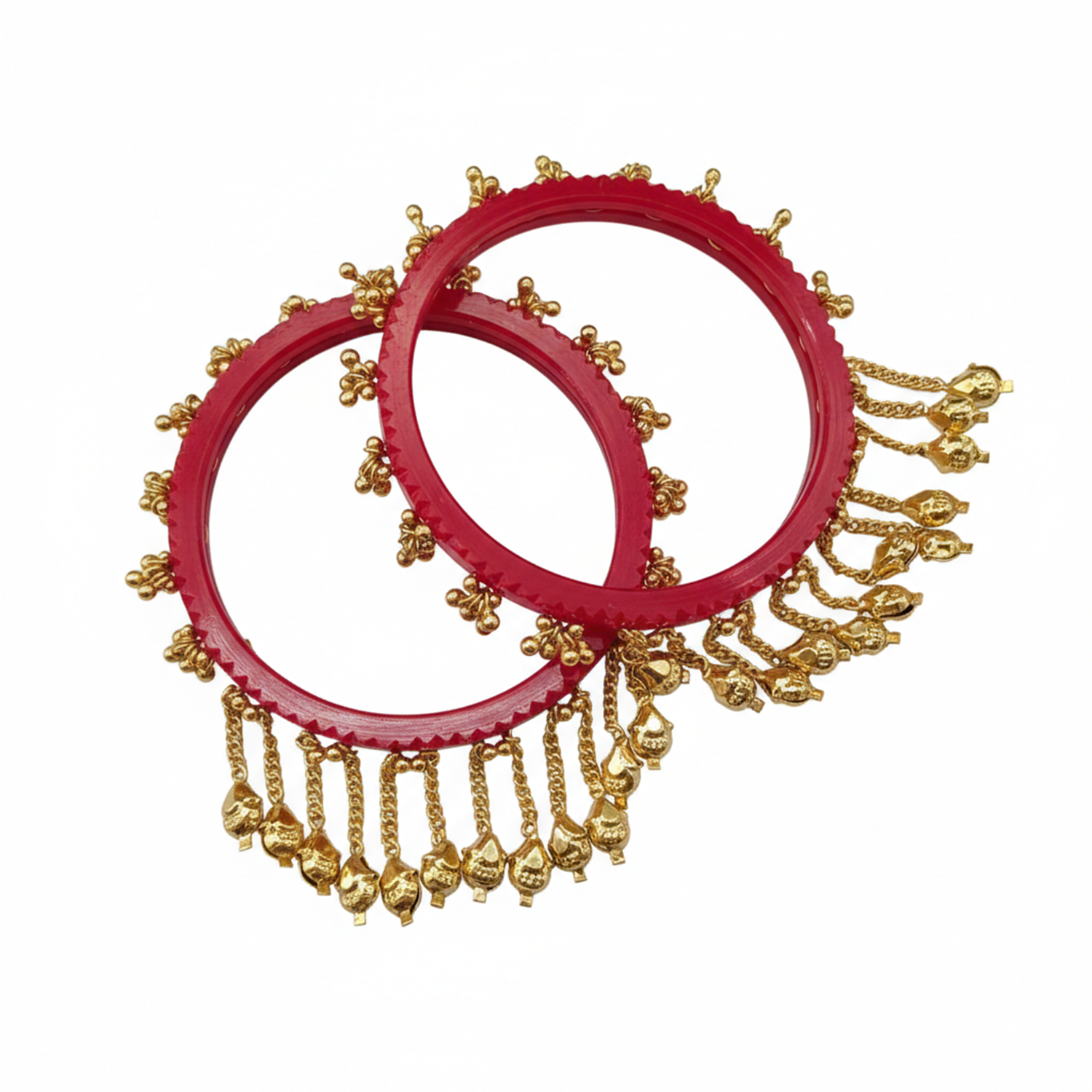 Etnico Traditional Red Bangles with Brass Stud Detailing and Hanging Ghungroo Charms for Women (ADB595Re)