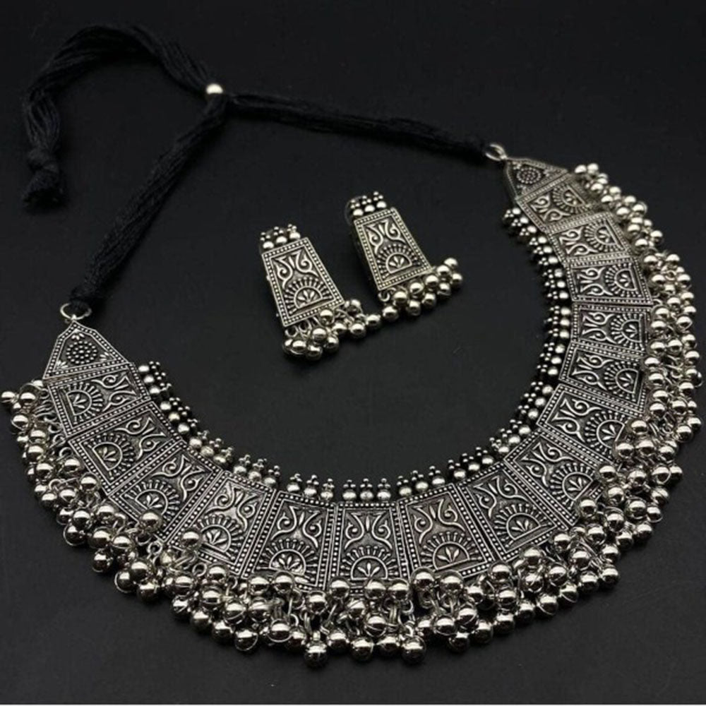 Beavy Pearls Oxidised Plated Choker Necklace Set For Women & Girls Tribal Boho Jewellery With Earrings German Silver Statement Necklace for Festive Wedding & Navratri Wear