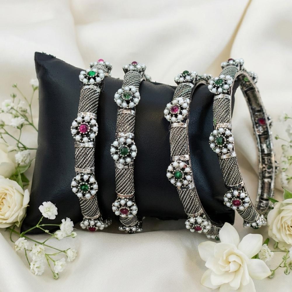 Js Fashion Oxidized Pearl Designer Set of 4 Bangle for Women