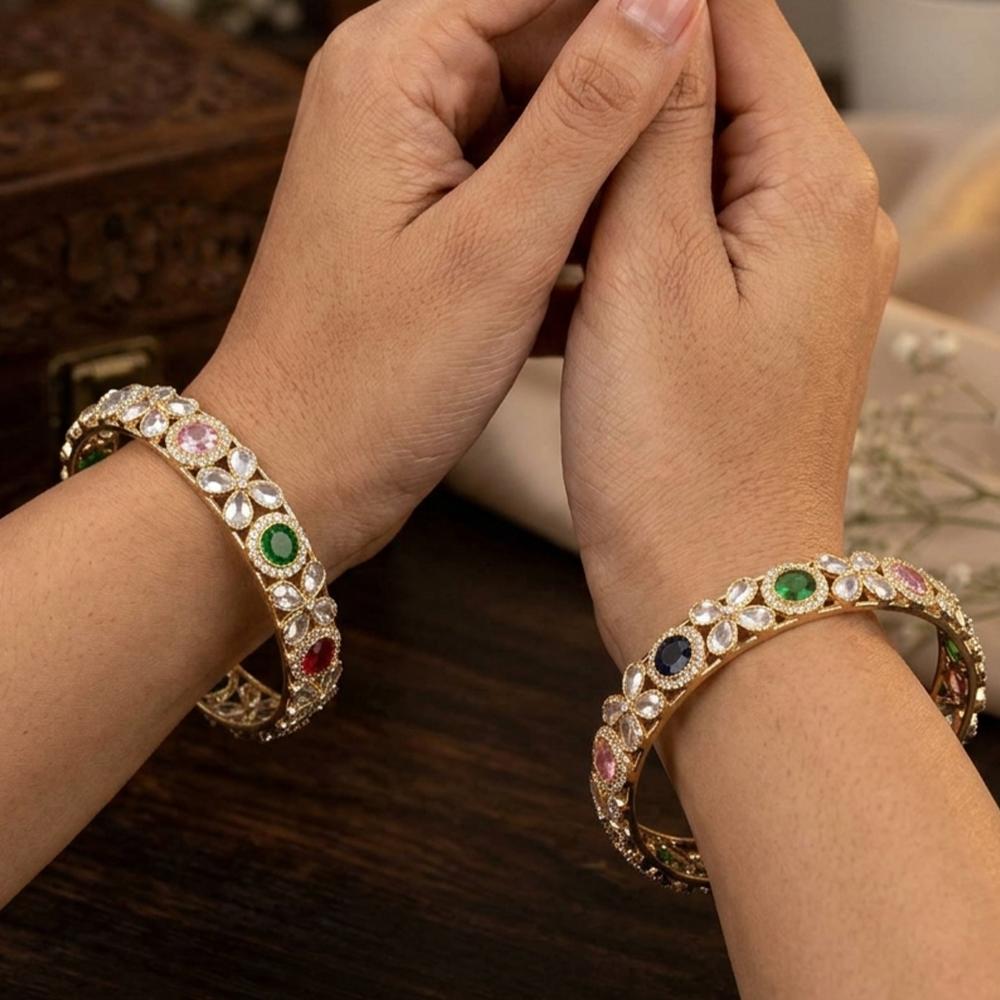 Js Fashion Elegant High Gold Floral Stone Set of 2 Bangle for Women