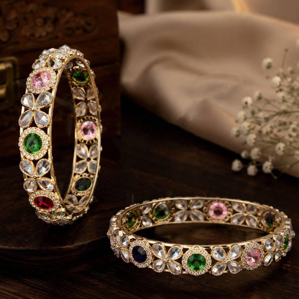 Js Fashion Elegant High Gold Floral Stone Set of 2 Bangle for Women