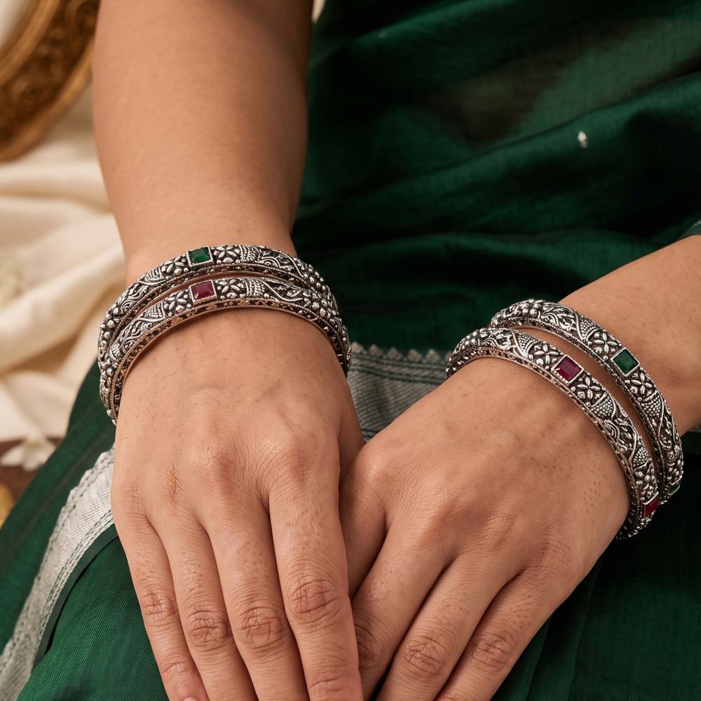 Js Fashion Antique Oxidized Silver Fancy with Stone Work Set of 4 Bangles for Women
