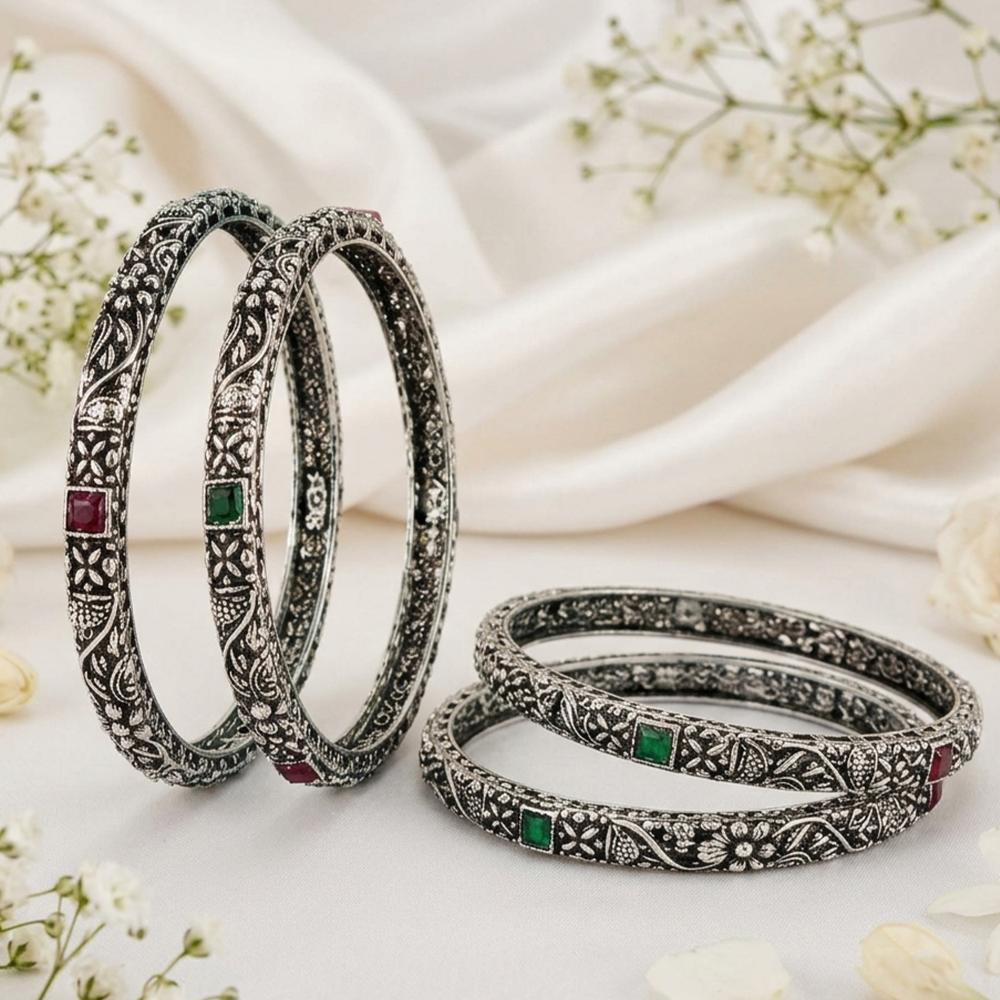 Js Fashion Antique Oxidized Silver Fancy with Stone Work Set of 4 Bangles for Women