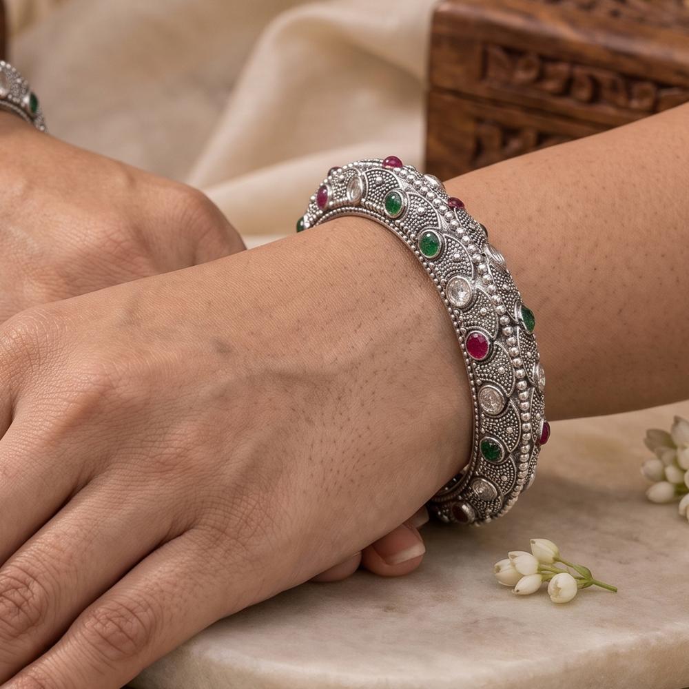 Js Fashion Designer Oxidized Silver Stone Studded Set of 2 Bangles for Women