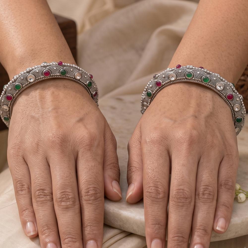 Js Fashion Designer Oxidized Silver Stone Studded Set of 2 Bangles for Women