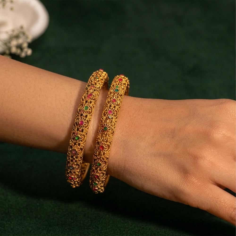 Js Fashion Traditional High Gold Floral Antique Set of 4 Bangles for Women