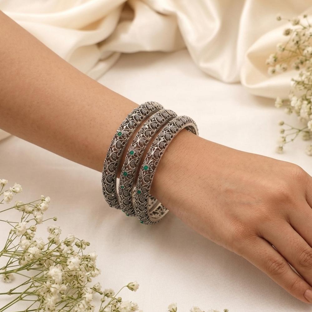 Js Fashion Designer Oxidized Silver Leaf Motif Set of 6 Bangles for Women