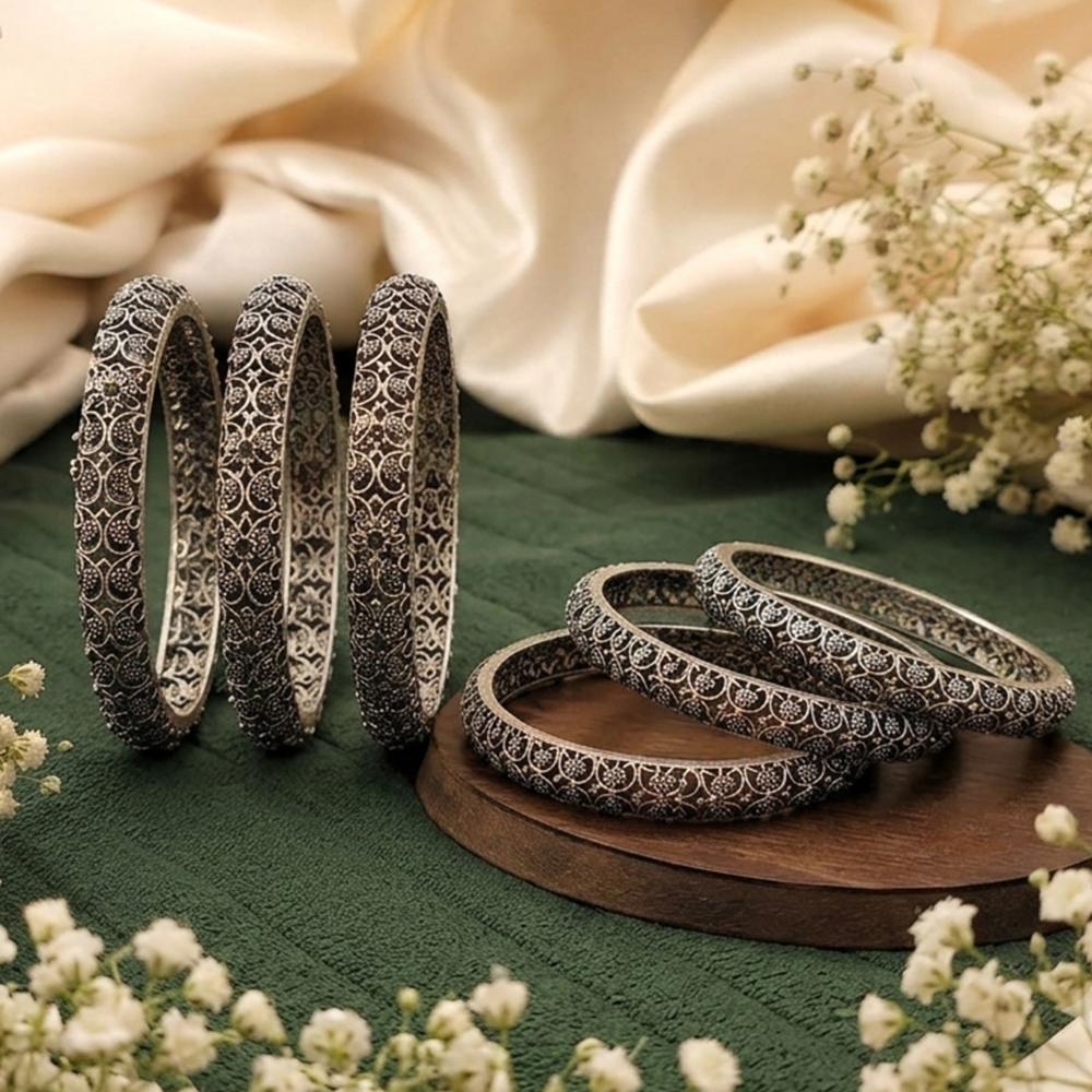 Js Fashion Designer Oxidized Silver Leaf Motif Set of 6 Bangles for Women