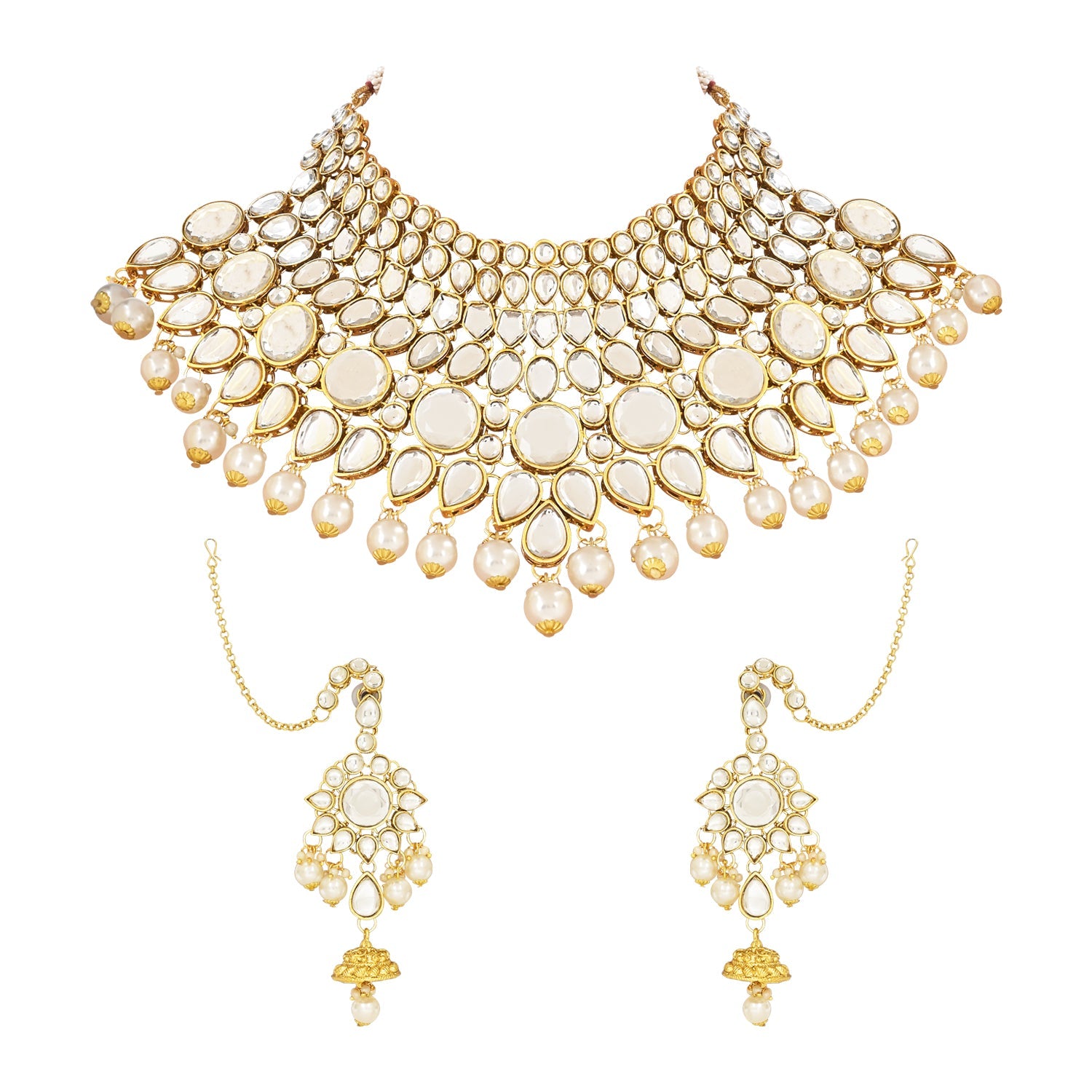 Etnico Wedding Collection Traditional Ethnic Gold Plated Pearl & Kundan Stone Work Bridal Jewellery Set For Women