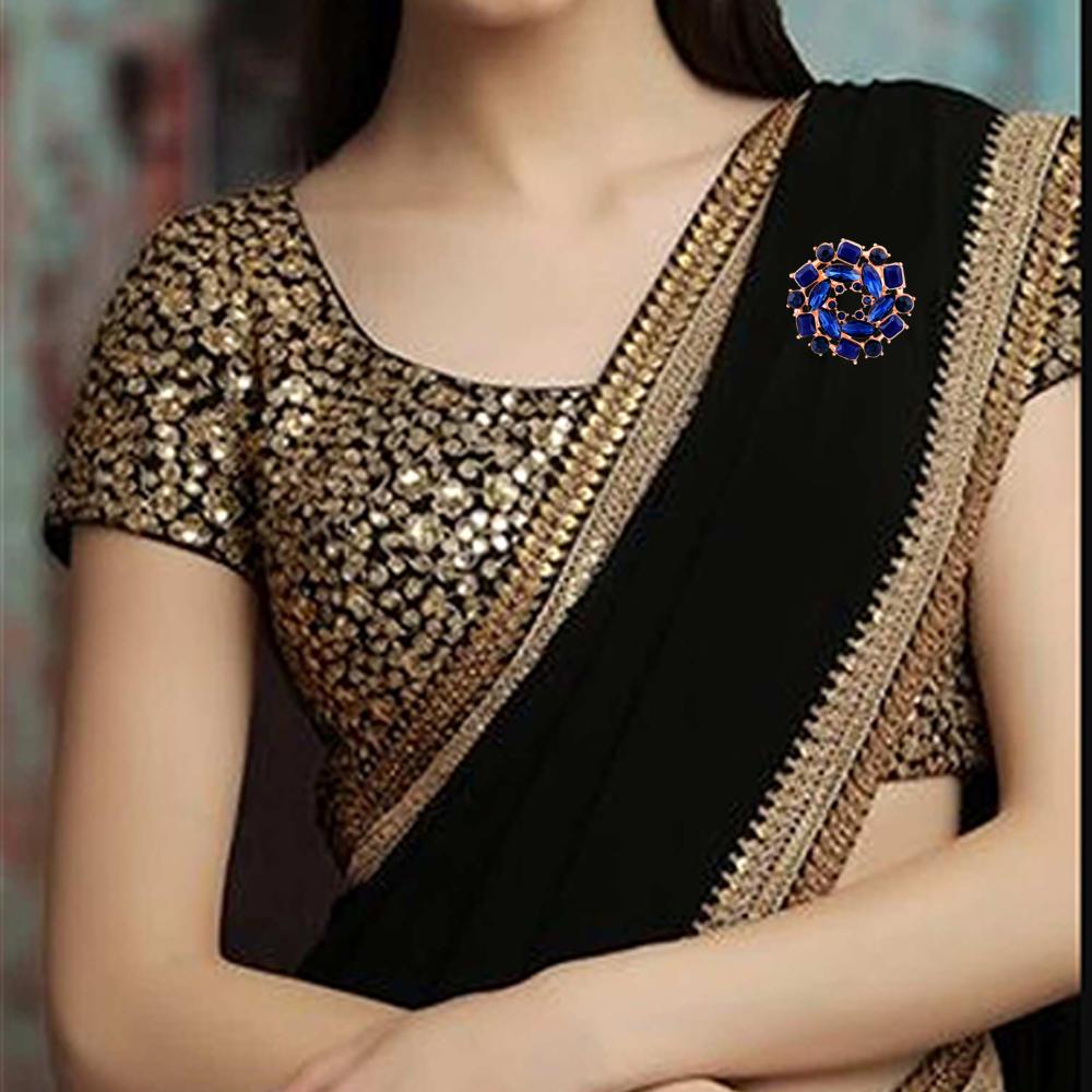 Mahi Rosegold Plated Brilliant Vintage Sapphire Blue Crystals Saree Pin / Wedding Brooch for Women (BP1101133ZBlu)