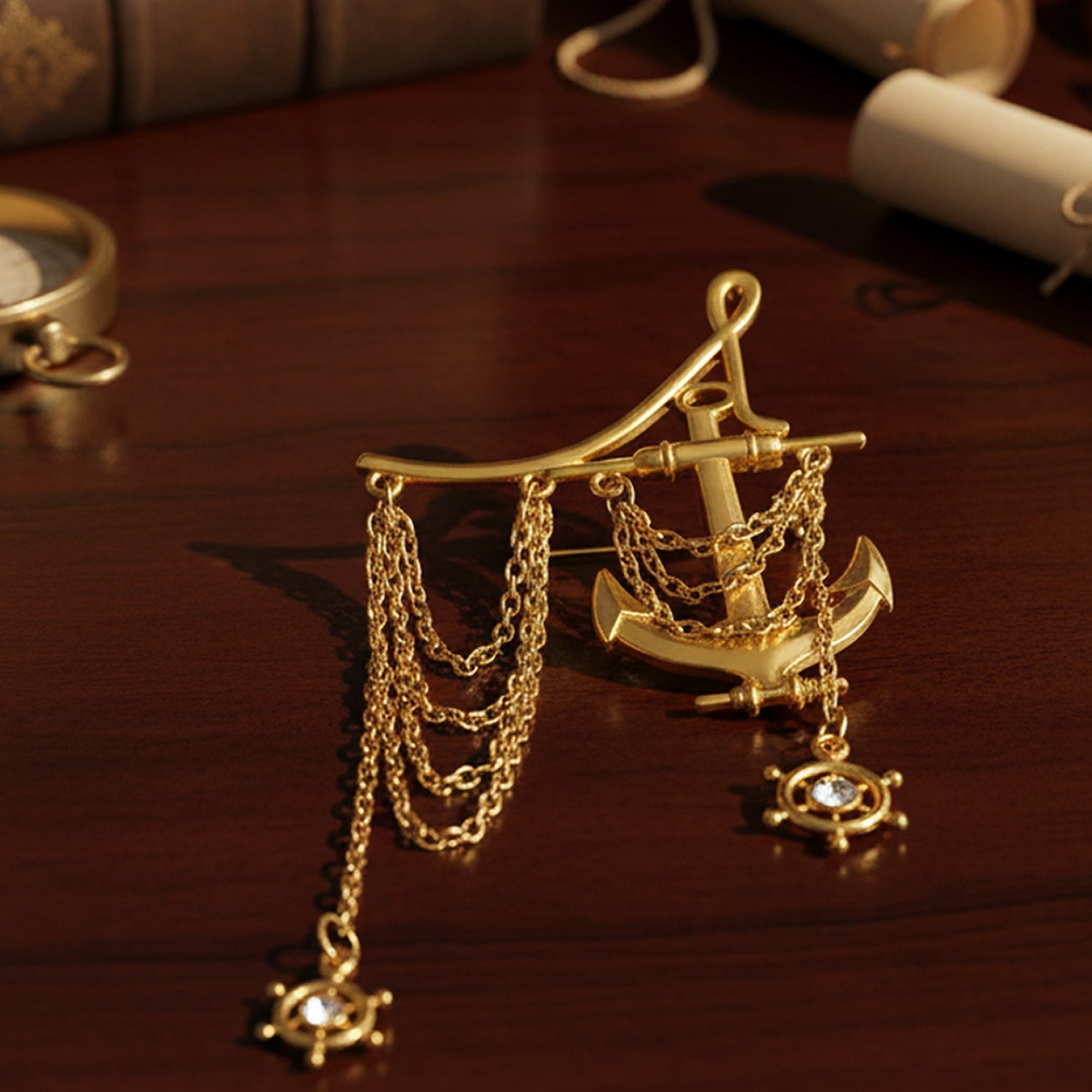 Mahi Nautica Anchor Layered Chain Gold Plated Kurta Sherwani Wedding Brooch for Men with Ship Wheel and Crystal Stones (BP1101252G)