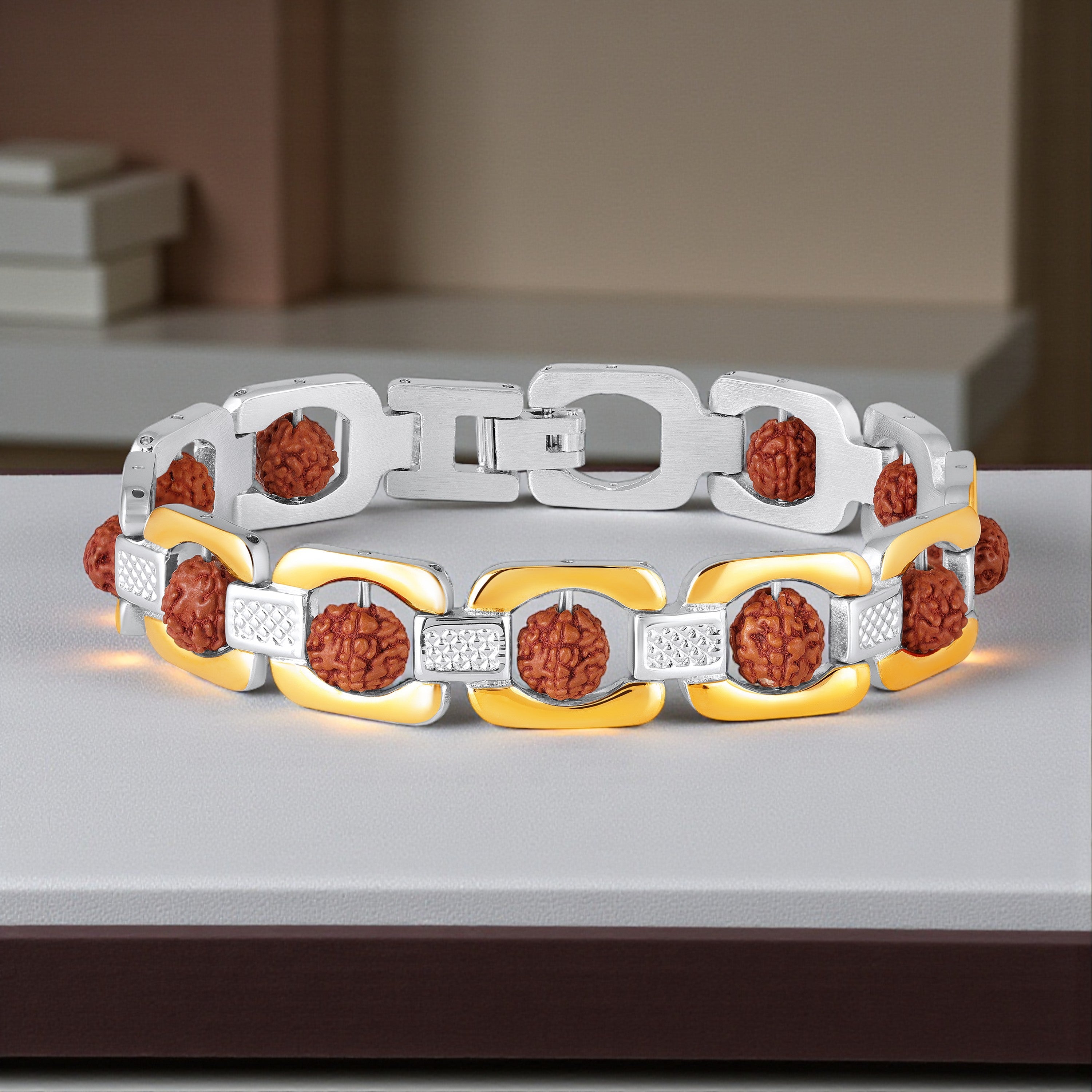 Mahi Stylish Silver & Gold Plated Spiritual Wristwear Premium Link Design Rudraksha Bracelet for Men (BR1101098M)