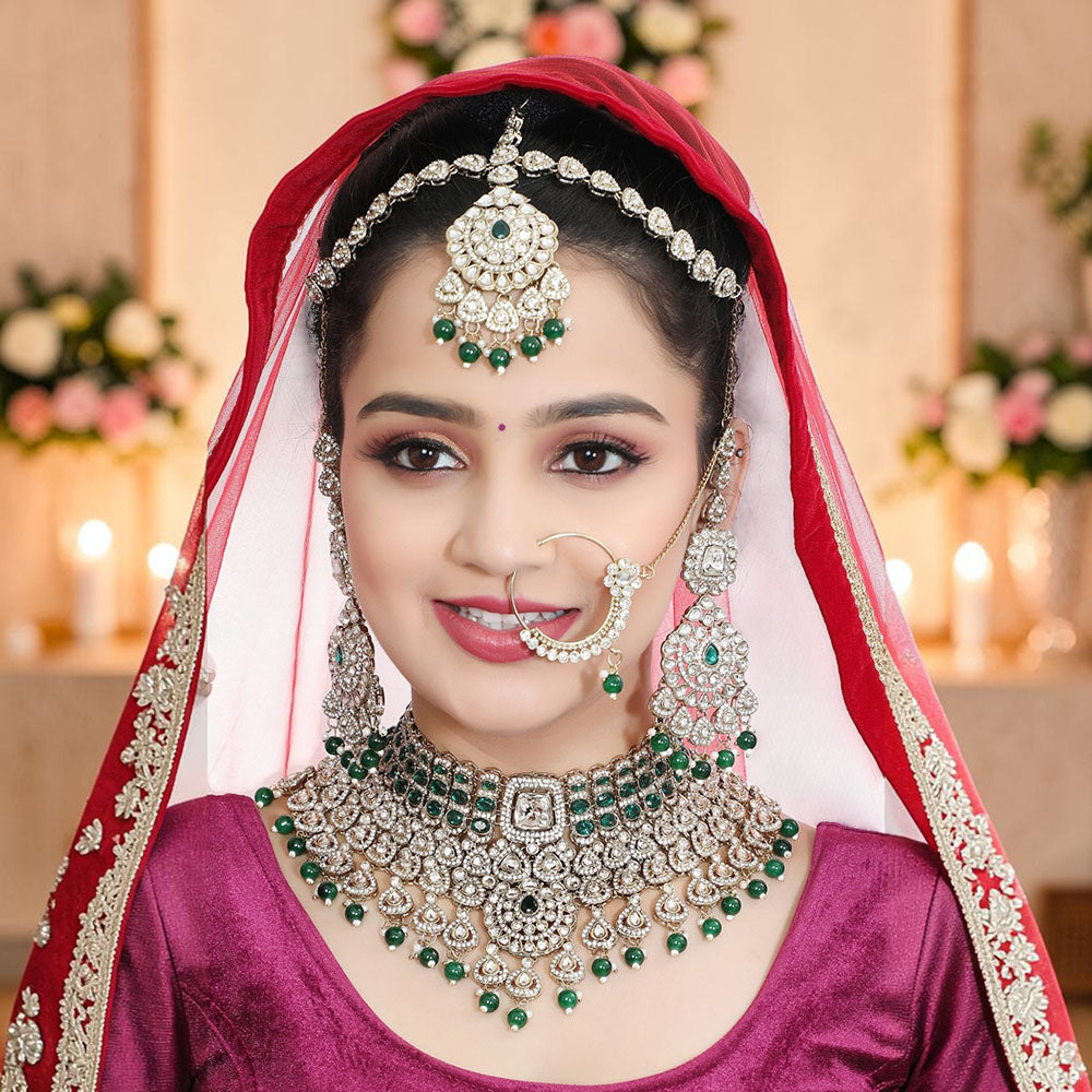 Knigght Angel Gold Plated Royal Kundan Stone And Beads Semi Bridal Necklace Set