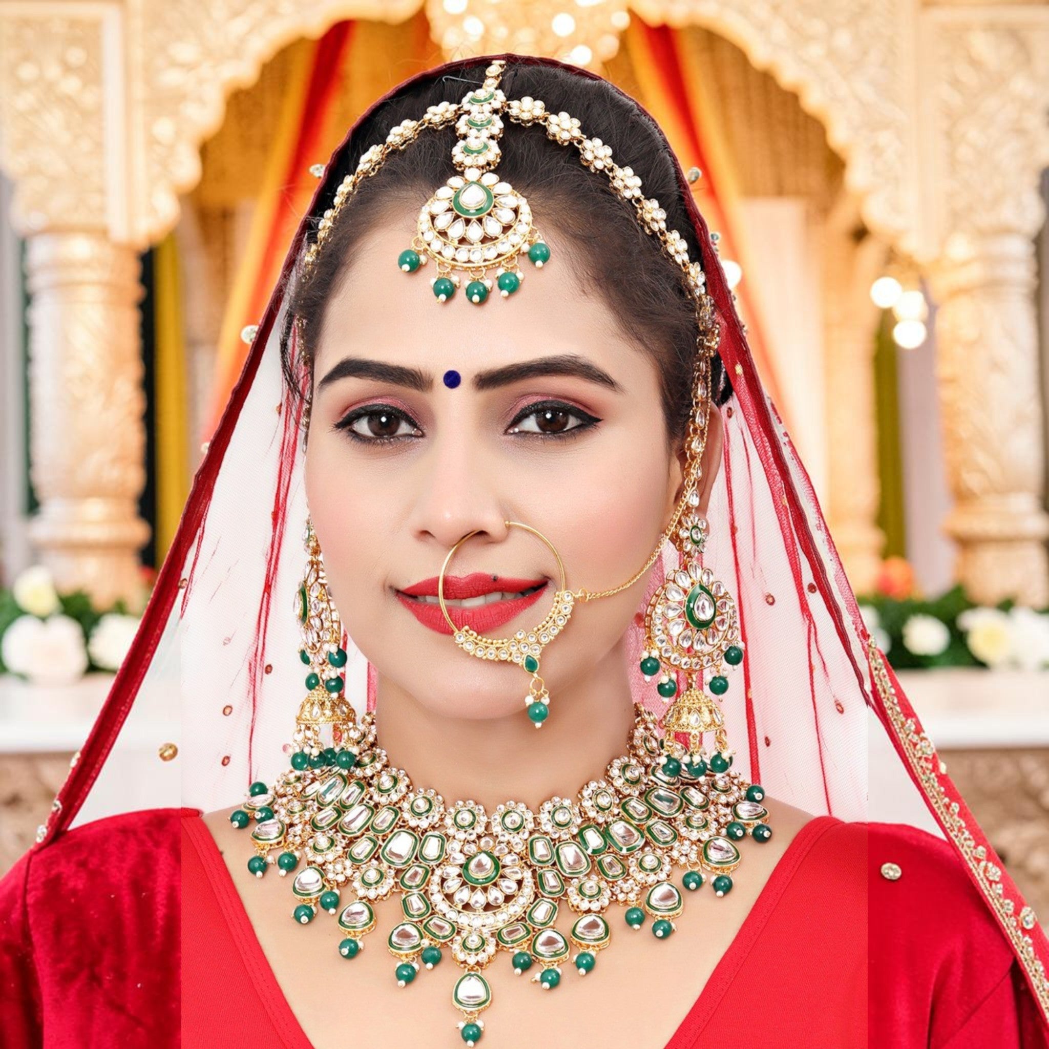 Knigght Angel Gold Plated Royal Kundan Stone And Beads Semi Bridal Necklace Set