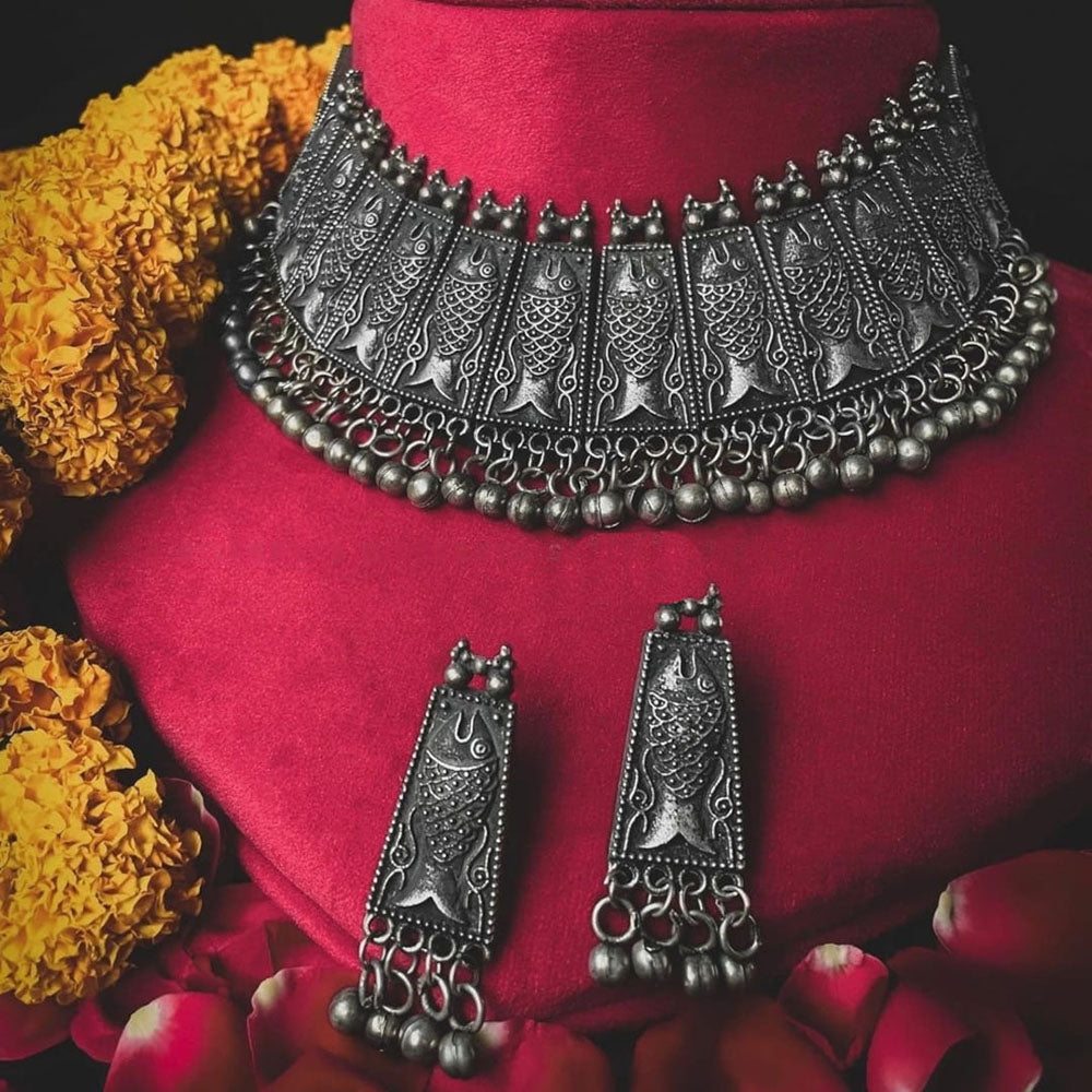 Bevy Pearls Oxidised Fish Choker Necklace Set for Women & Grils Antique Black Matte Choker With Earrings