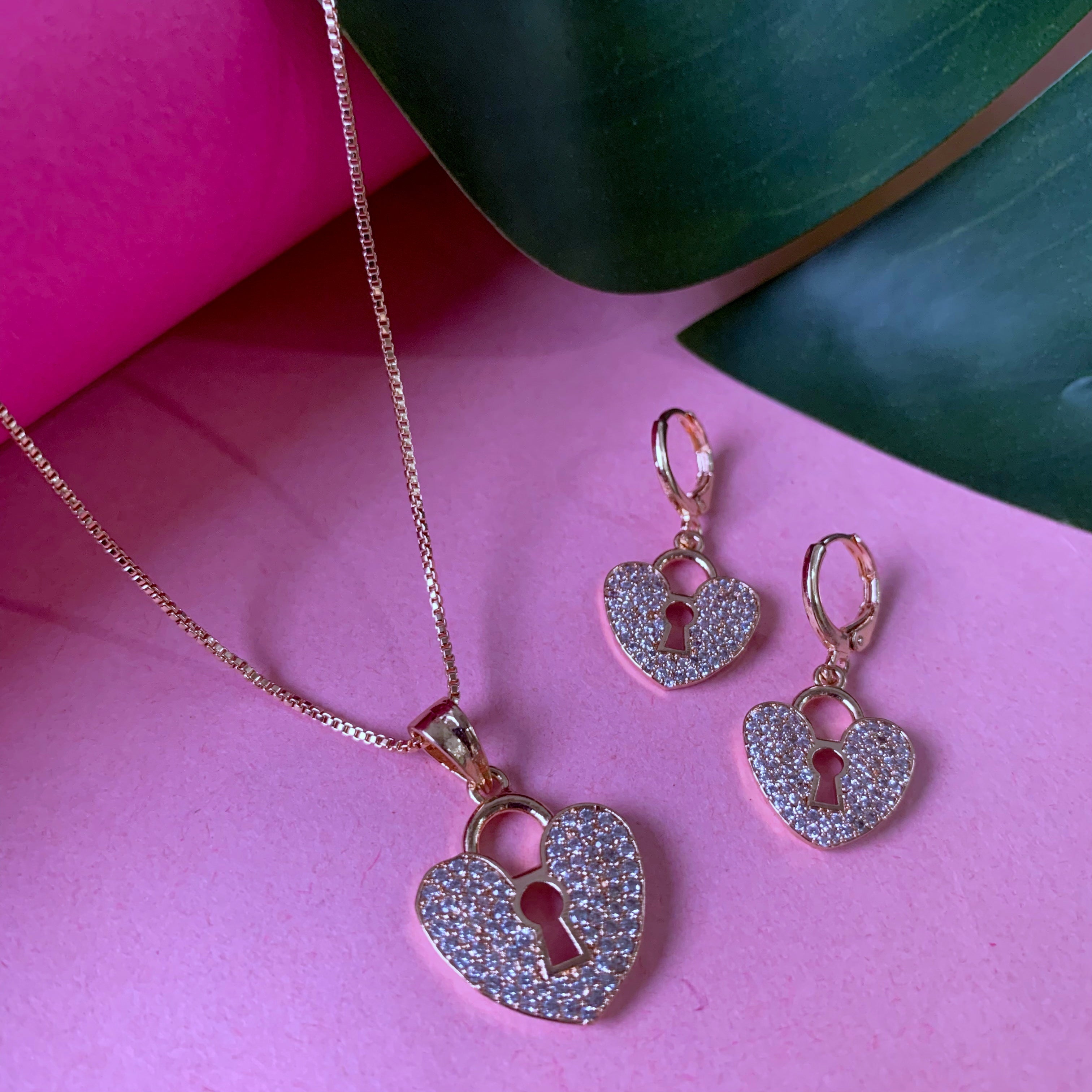 Etnico Rose Gold Plated Glittering American Diamond CZ Zircon Chain Pendent Necklace With Earrings Set for Women