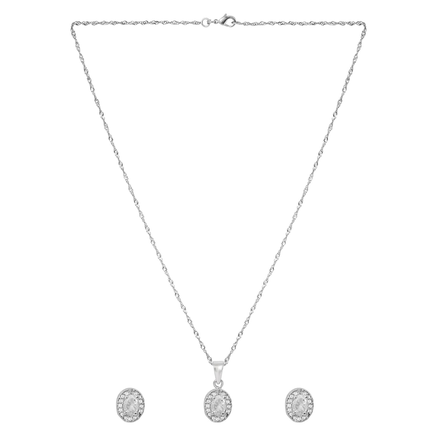 Etnico Latest Stylish Silver Plated CZ American Diamond Teardrop Pendant Set For Women