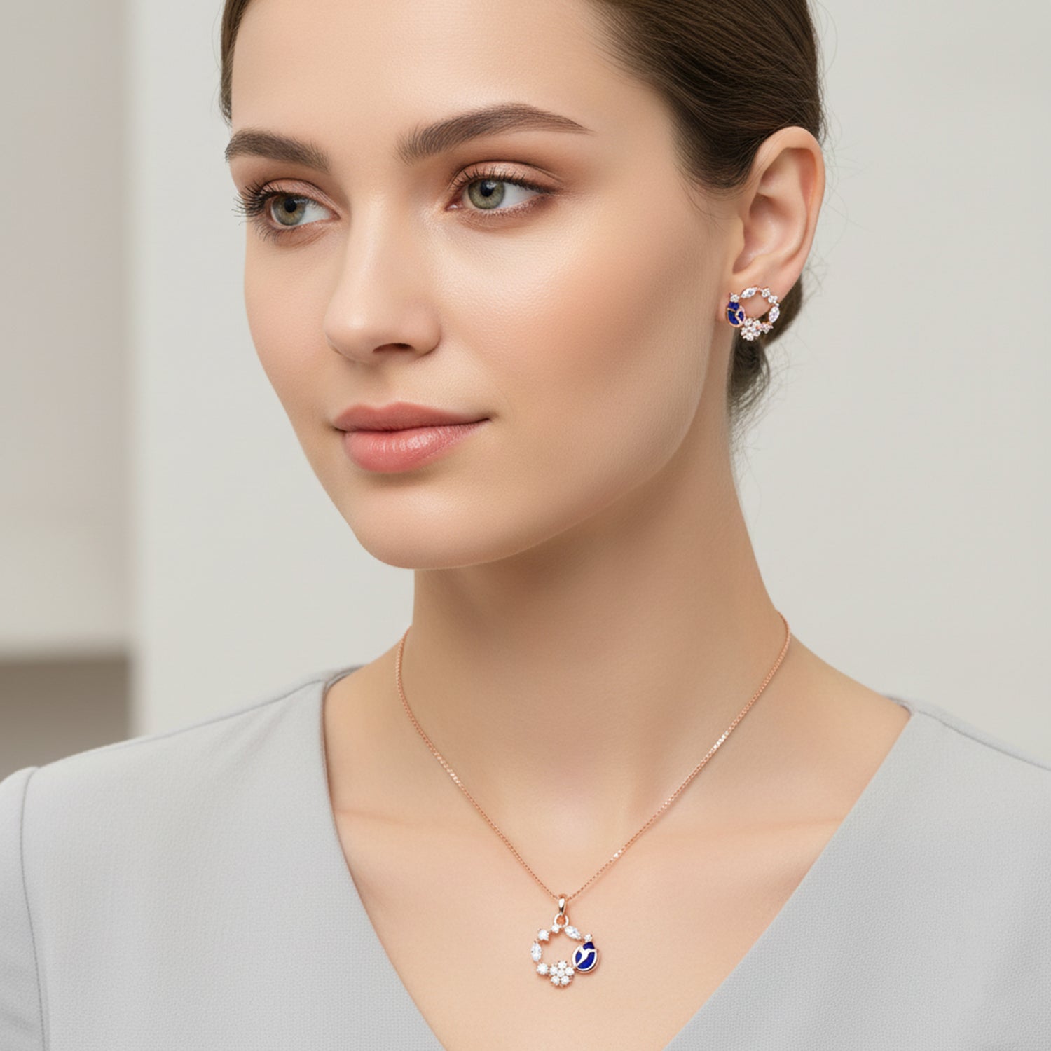 Etnico Latest Stylish Rose Gold Plated CZ American Diamond Pendant Brass Necklace Set with Earrings for Women