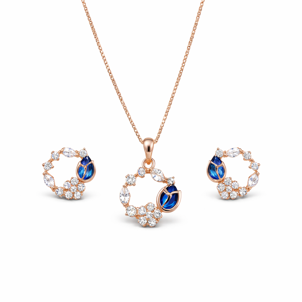 Etnico Latest Stylish Rose Gold Plated CZ American Diamond Pendant Brass Necklace Set with Earrings for Women