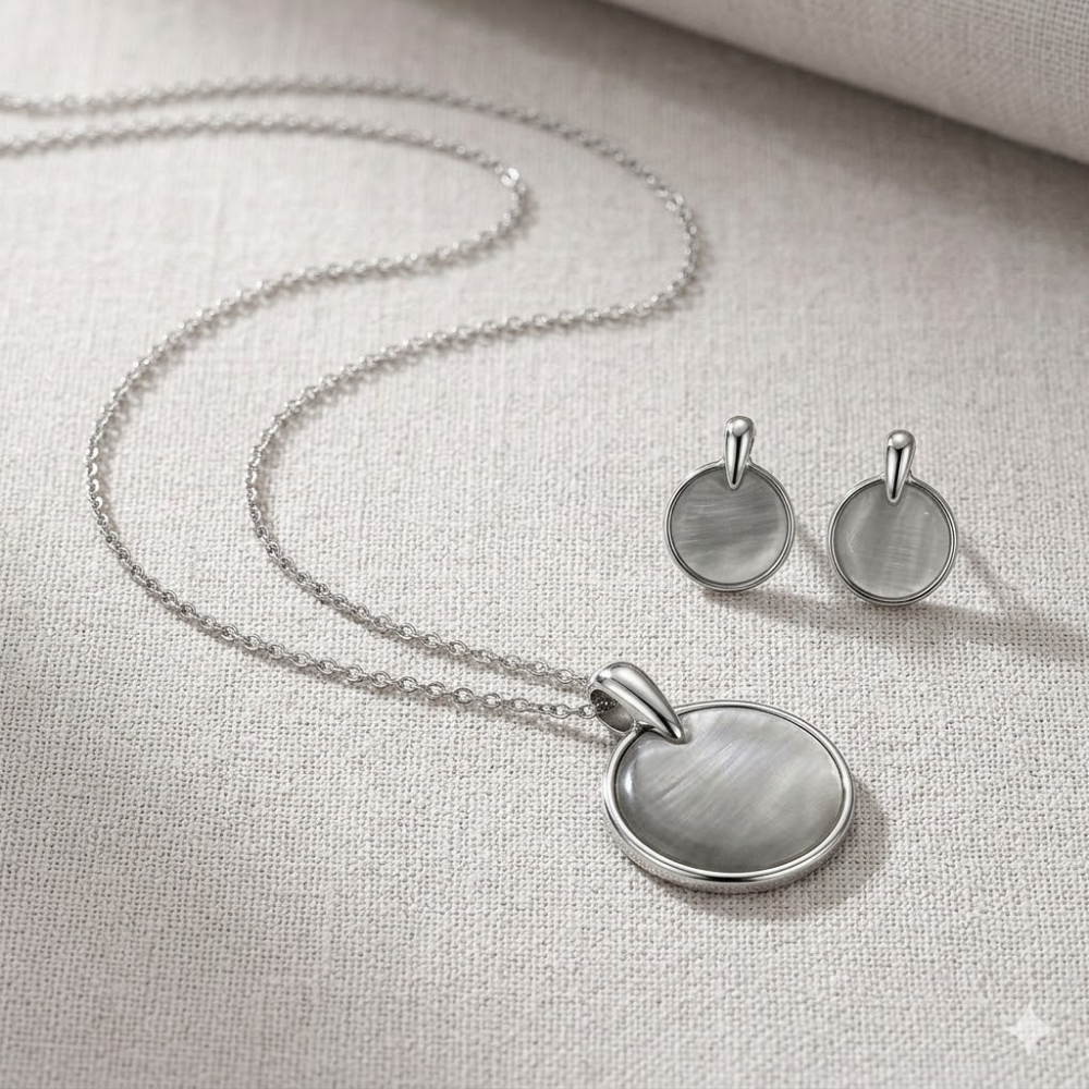 Etnico Round Mother of Pearl Pendant Necklace with Matching Stud Earrings Set for Women