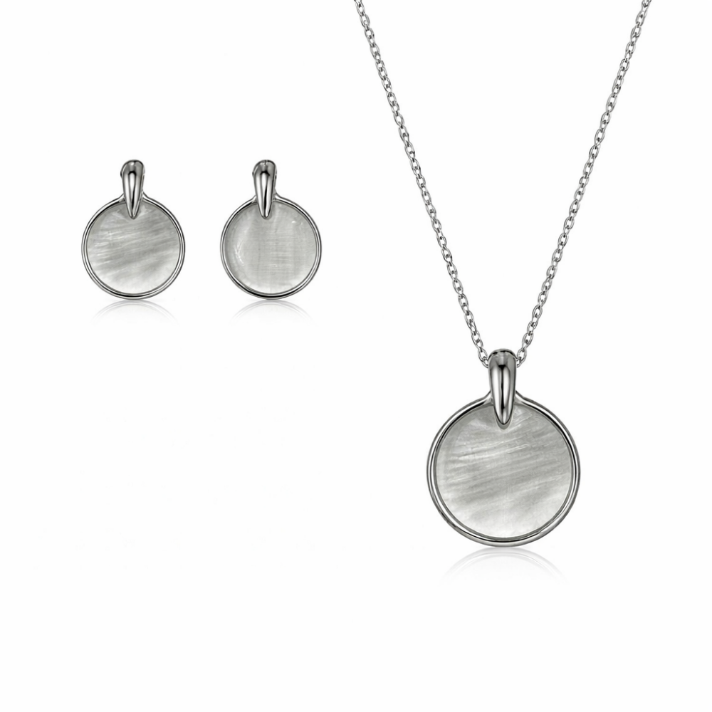 Etnico Round Mother of Pearl Pendant Necklace with Matching Stud Earrings Set for Women