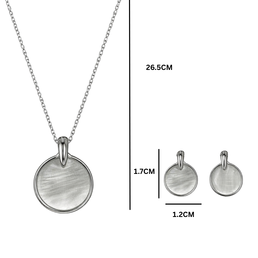 Etnico Round Mother of Pearl Pendant Necklace with Matching Stud Earrings Set for Women