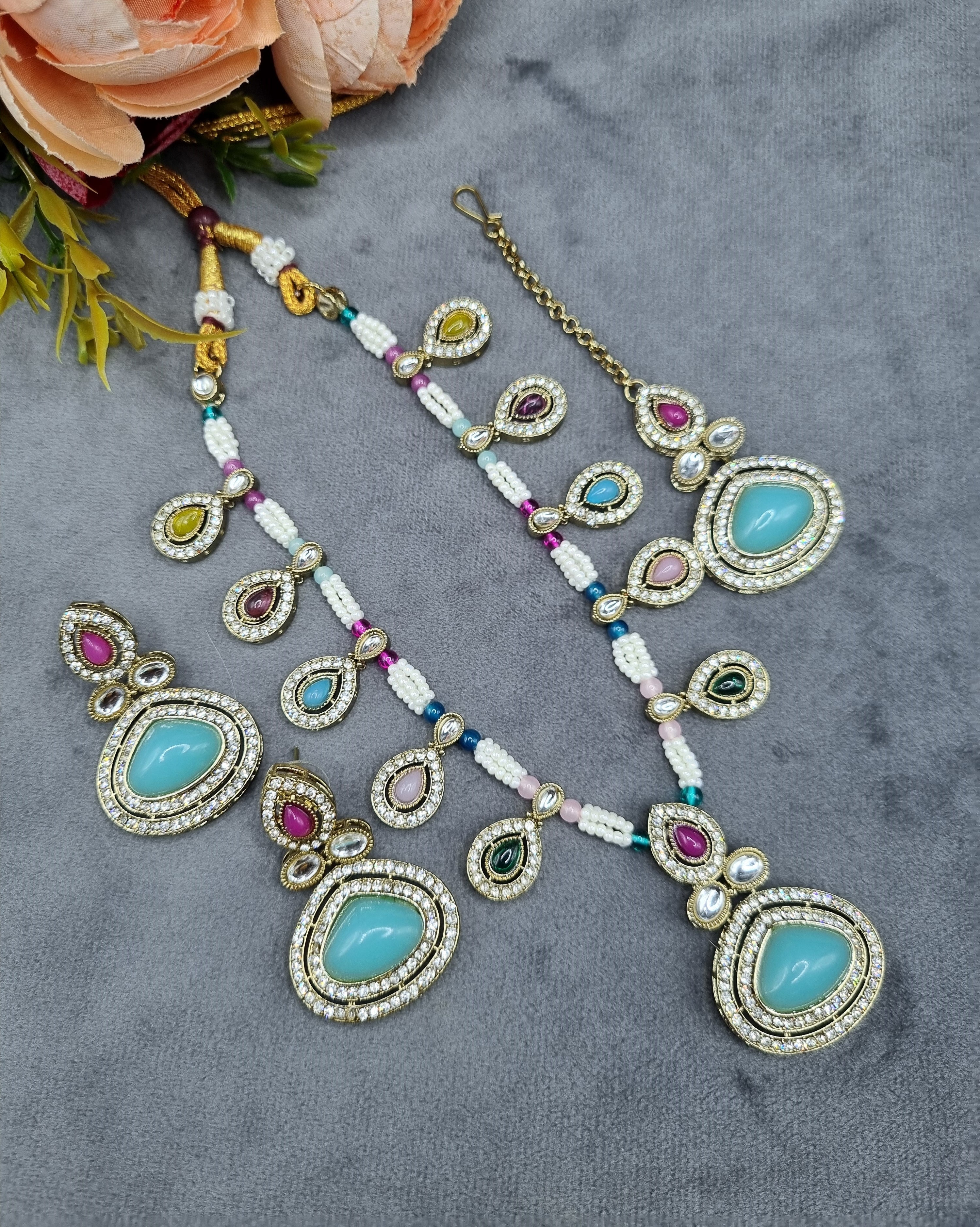 LAFZ Elegant Teardrop Stone & Pearl Beaded Jewelry Set with Earrings & Maang Tikka - CK1692