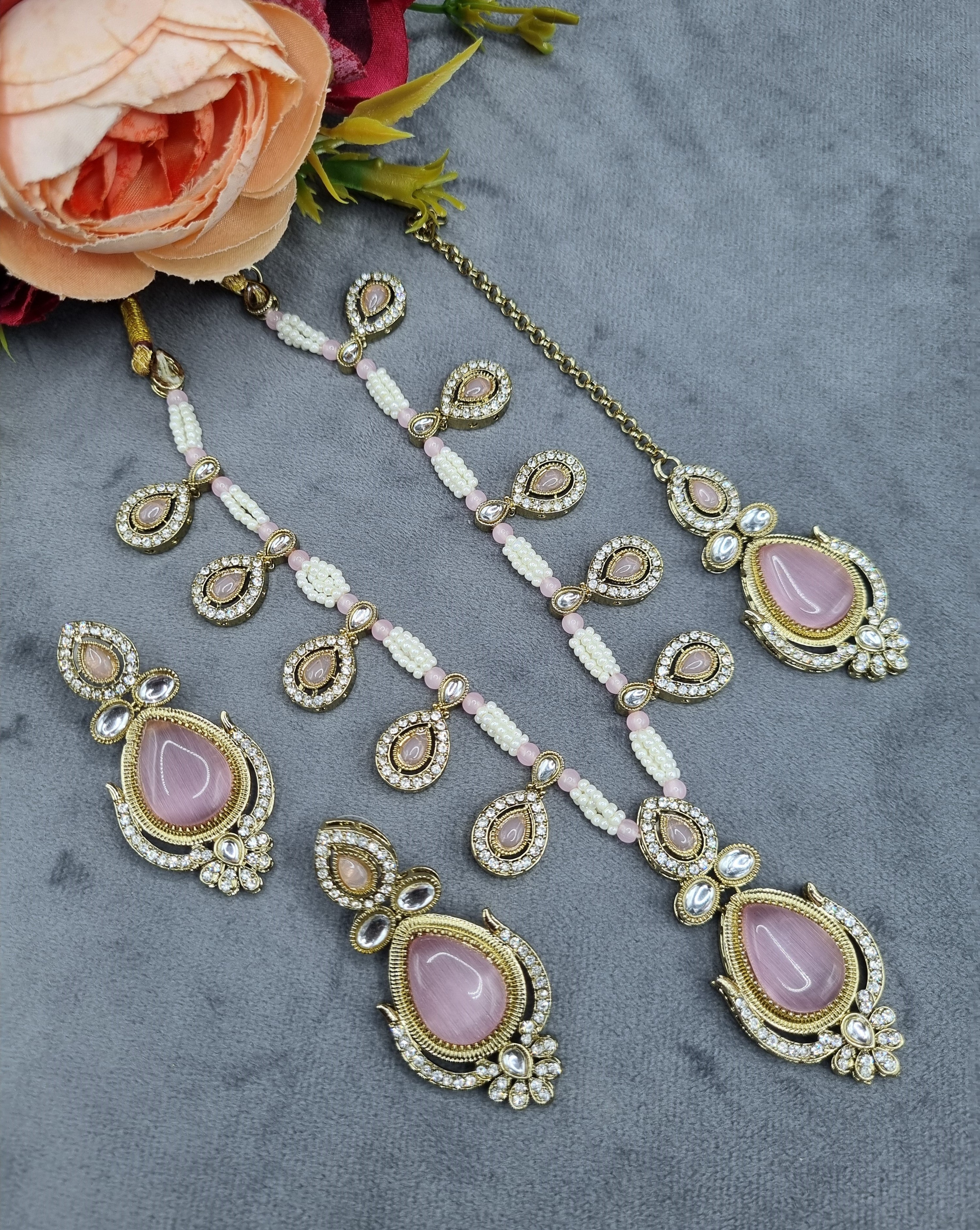 LAFZ Antique Gold Teardrop Pendant Necklace Set with Earrings & Maangtikka - CK1696MULTI2